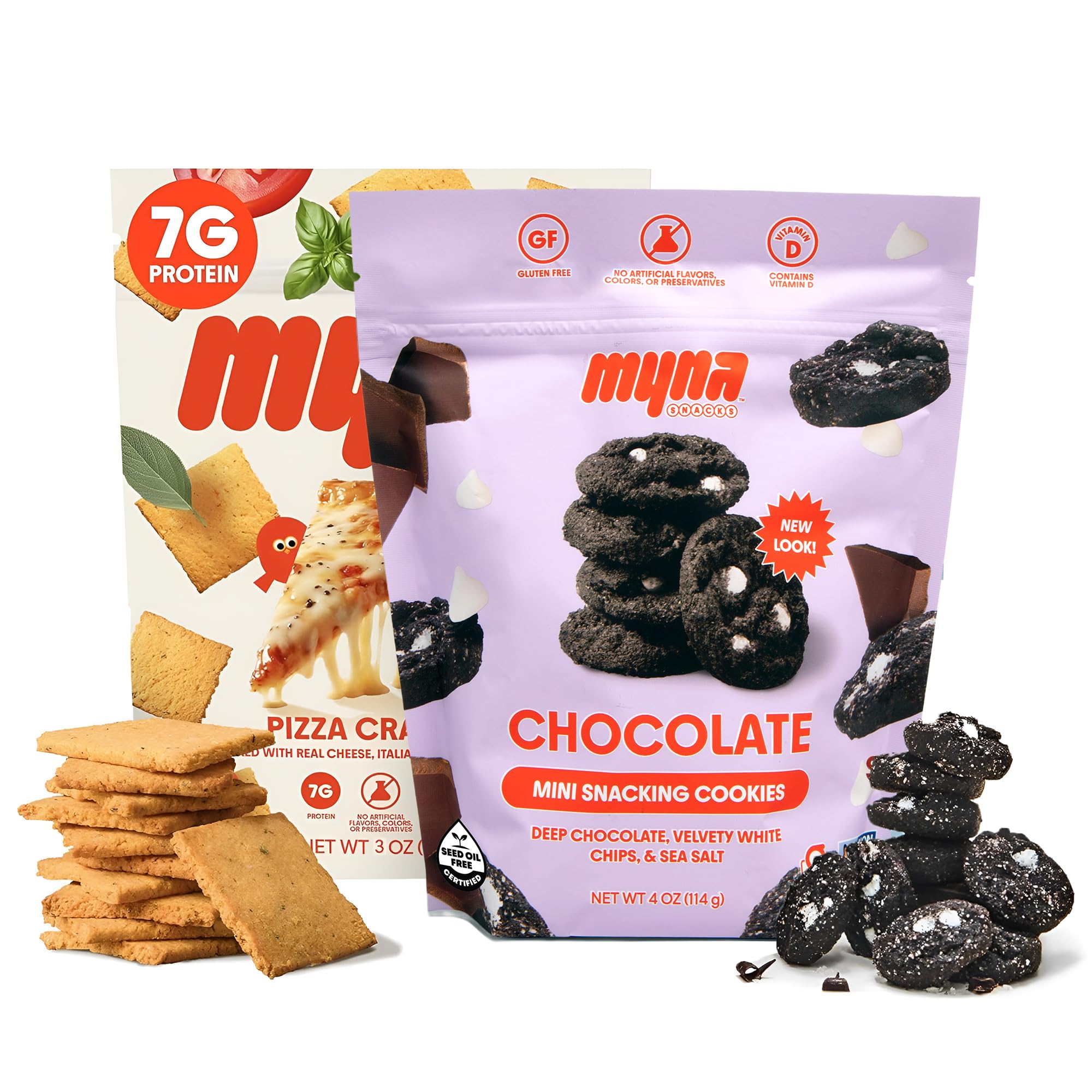 Myna Snacks Variety Pack - Midnight Mini Snacking Cookies and Pizza Crackers - Gluten and Dairy Free Snack - Healthy Dessert - Sweet and Savory Snack Bites 7oz (Pack of Two- 4oz Cookies, 3oz Crackers)