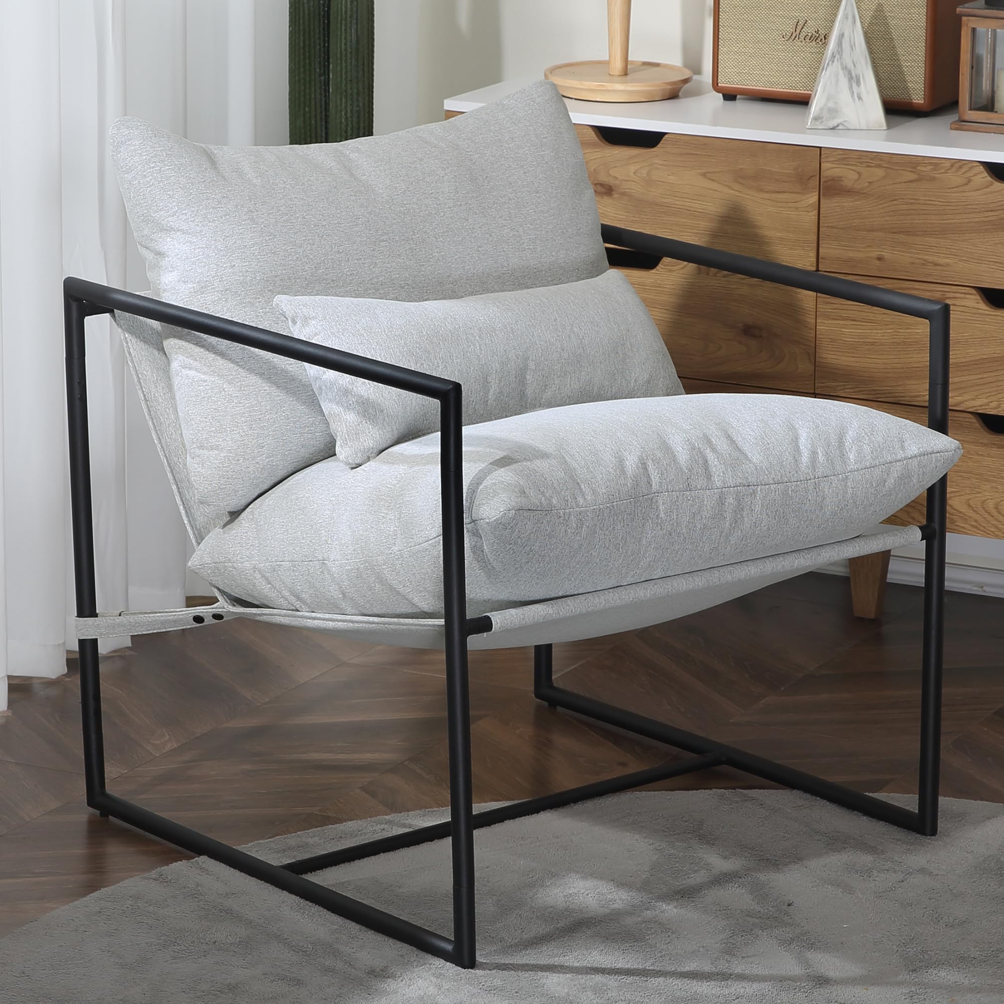 DURASPACE Sling Accent Chair, Modern Metal Framed Armchair with Extra Lumbar Pillow, Industrial Style Chair with Soft Cushion, Reading Chair for Living Room, Lounge Chair for Bedroom(Light Grey)