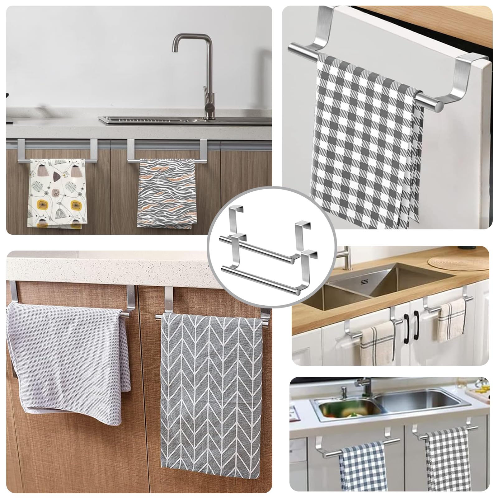 Porta Asciugamani Cucina, 2 pezzi Appendi Strofinacci Cucina, Appendi Strofinacci in Acciaio Inossidabile, Porta Asciugamani da Appendere, Senza forare, per Cucina e Bagno, Argento