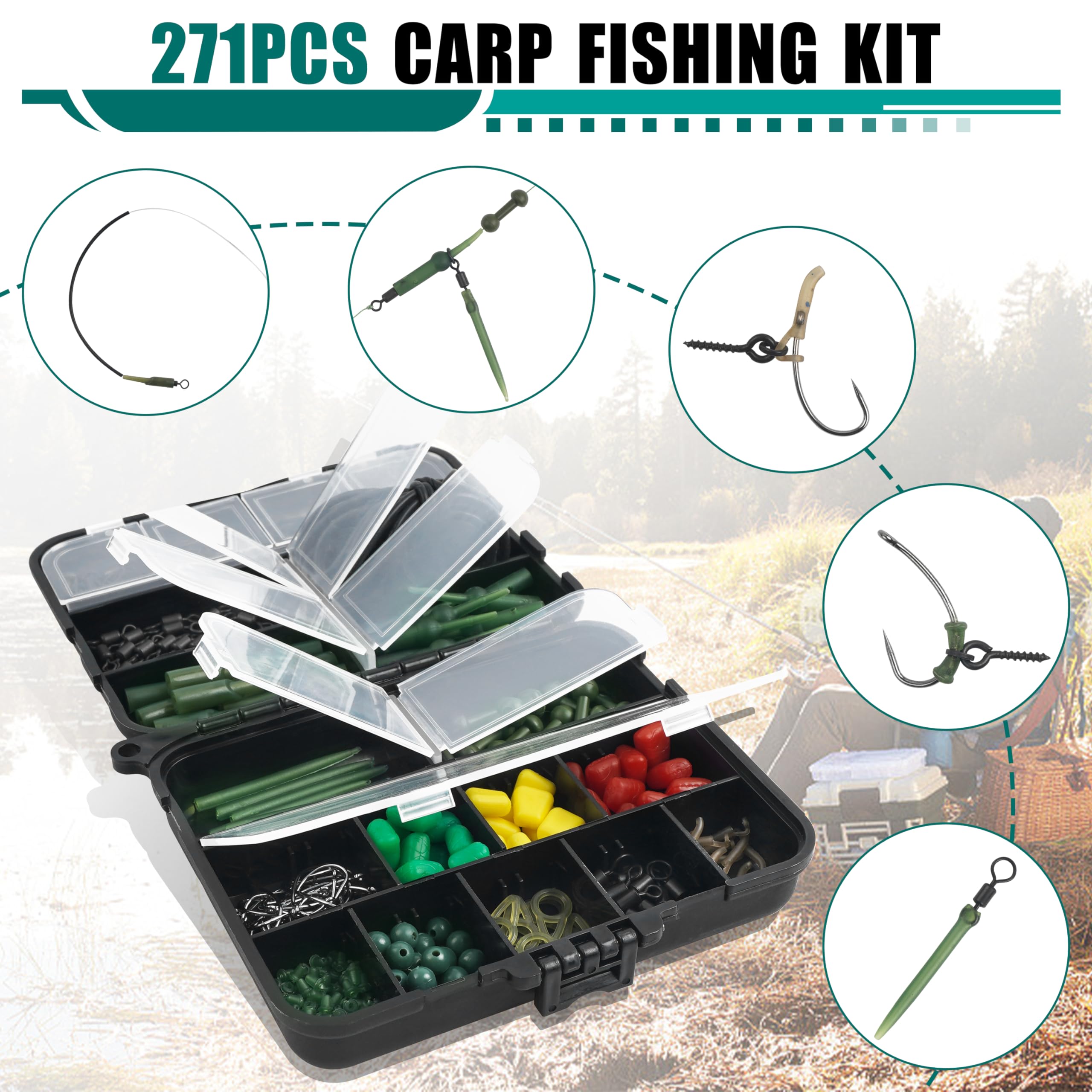 OROOTL Carp Fishing Tackle Set Carp Rigs Making Kit for Beginners Include Hooks Safety Clips and Rolling Swivels, Beads - Image 3