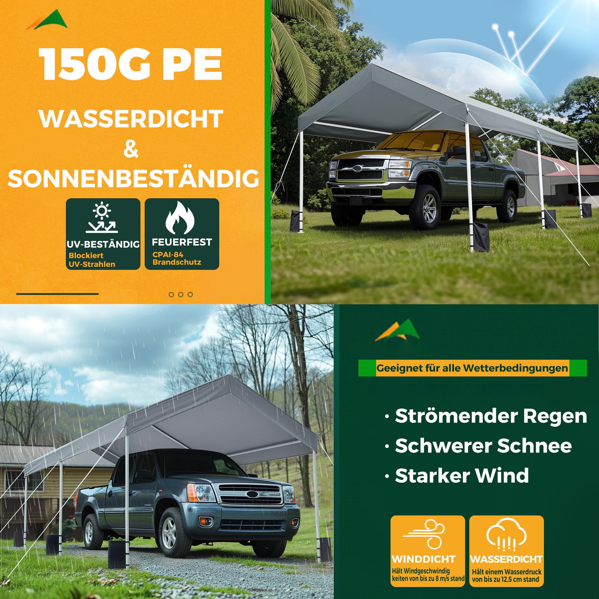 Carport 3x6 m Zeltgarage Carport mit Dach, UV-beständig wasserdicht Garagenzelt Unterstand Lagerzelt Weidezelt Garagenüberdachung für Auto, SUV, LKW, Boot, Auto Garage Zelt für Garten Party