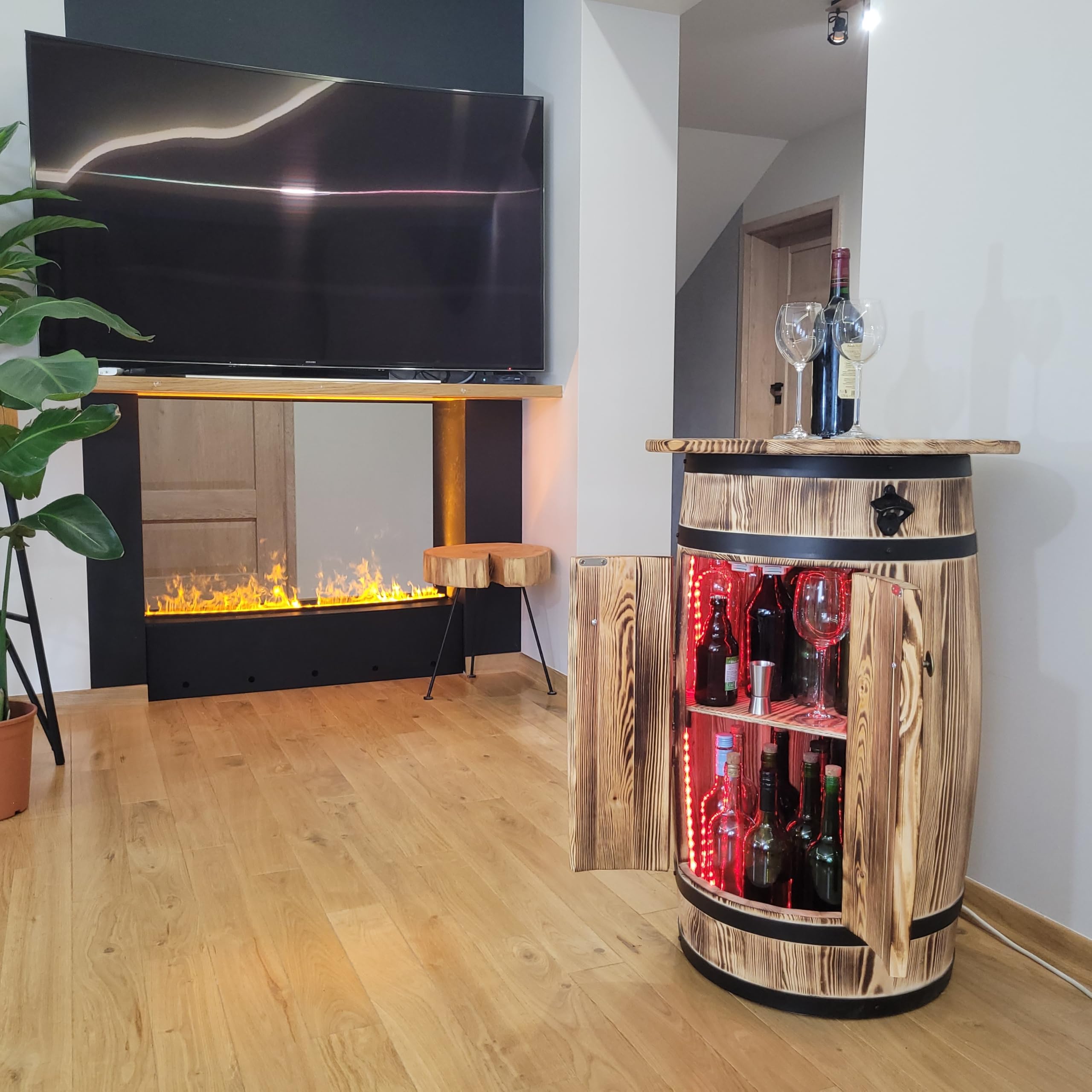 weeco Holzbar Fass mit RGB LED Ablage zur Aufbewahrung von Alkohol, Dekoratives Barschrank mit Regalböden und Türen, Weinregal für Wohnzimmer oder Küche, 80x55x44 cm