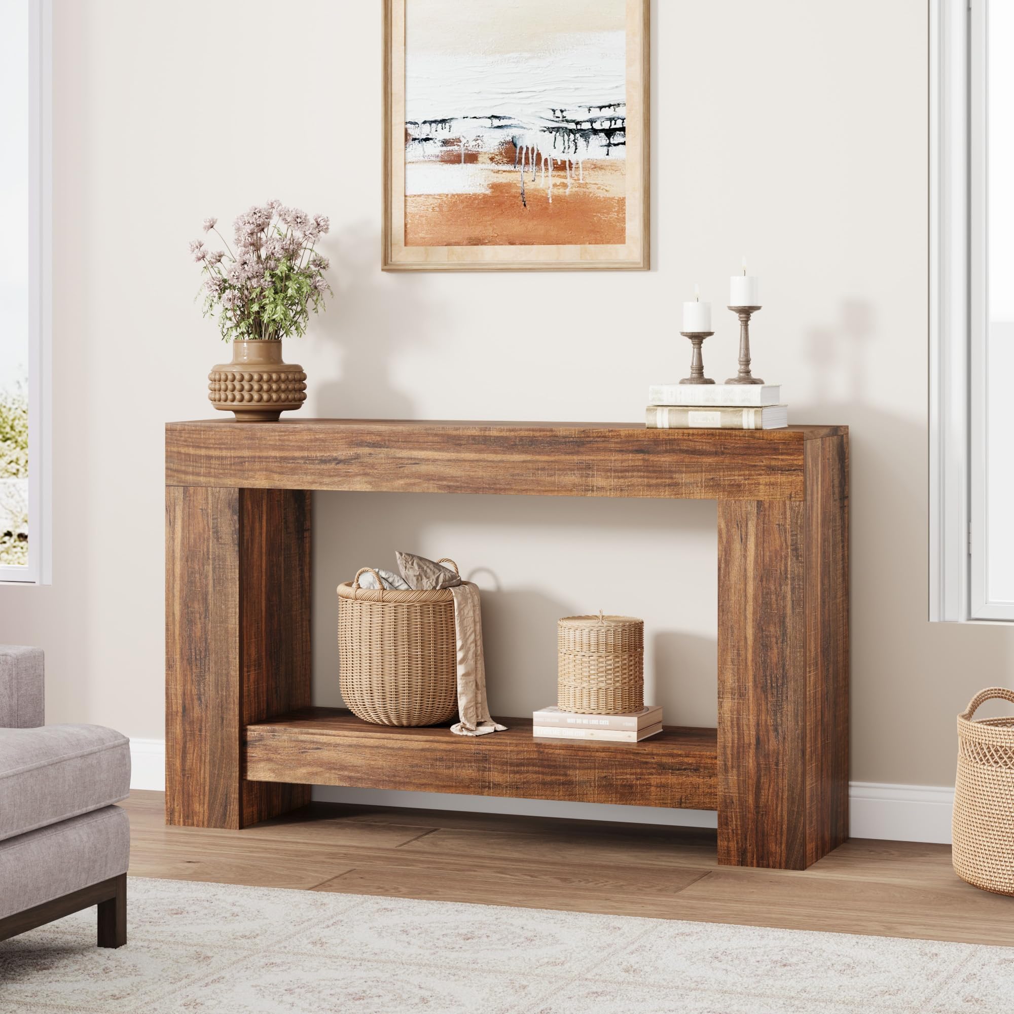 Garvee Mesa Consola Rústica De Madera para Entrada y Comedor - Diseño Compacto y Funcional con Doble Nivel y Estante Abierto Pasillos y Salones - Montaje Sencillo