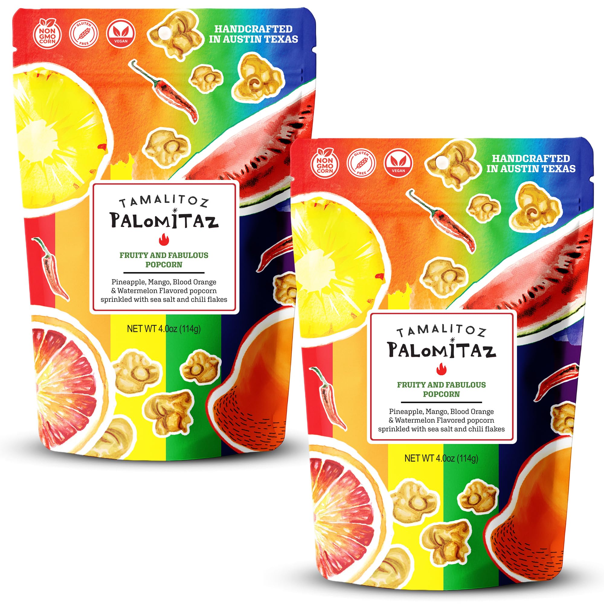 Palomitaz Gourmet Popcorn Fruity and Fabulous Popcorn Sweet & Spicy Mexican-Style Kettle Corn with Watermelon, Mango, Pineapple & Blood Orange