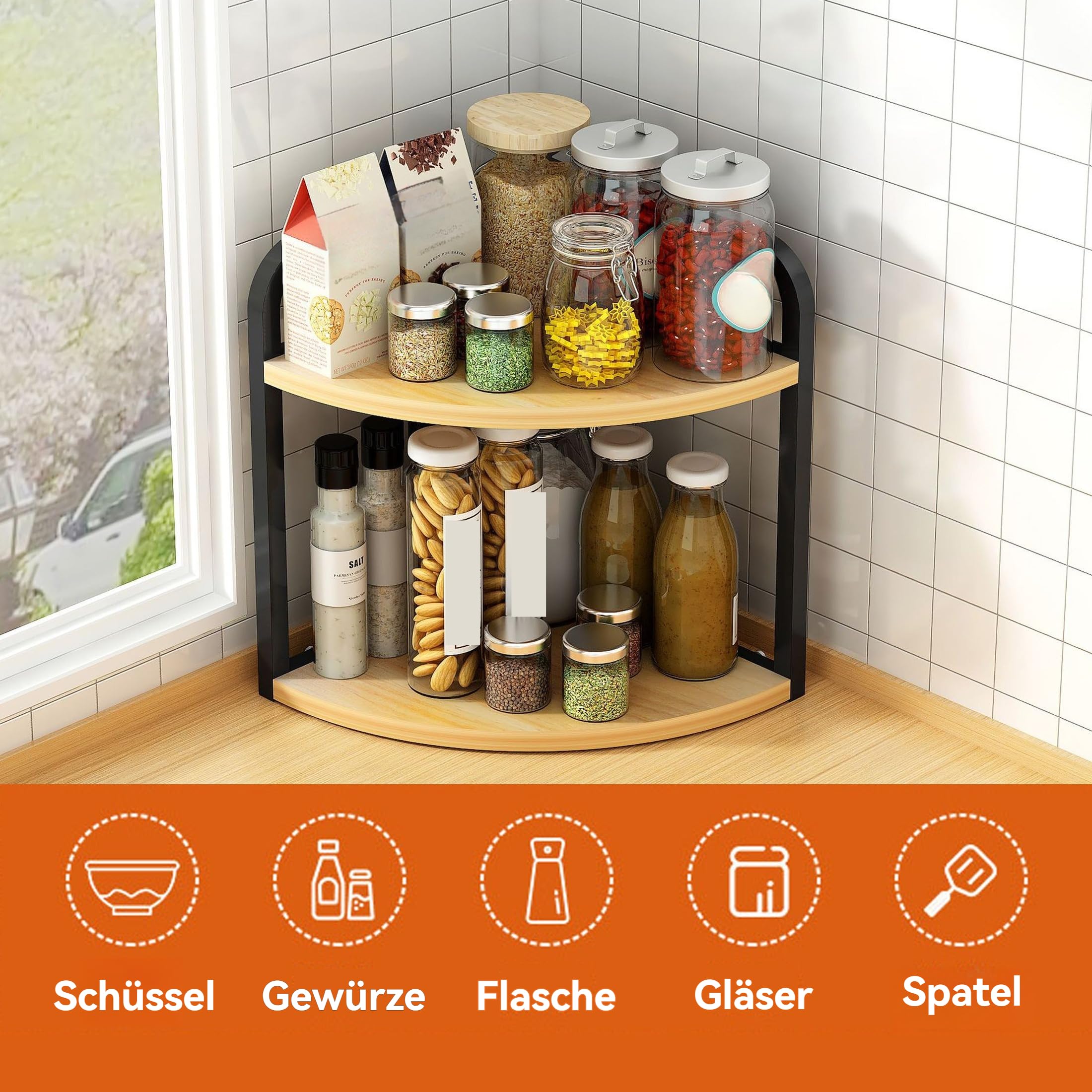 Generisch Eckregal Küche Gewürzregal 2 Ebenen Küchenregal Ecke Küchengewürzen Arbeitsplatte Stehend für Wohnzimmer Büro, 29x29x42cm (R02)