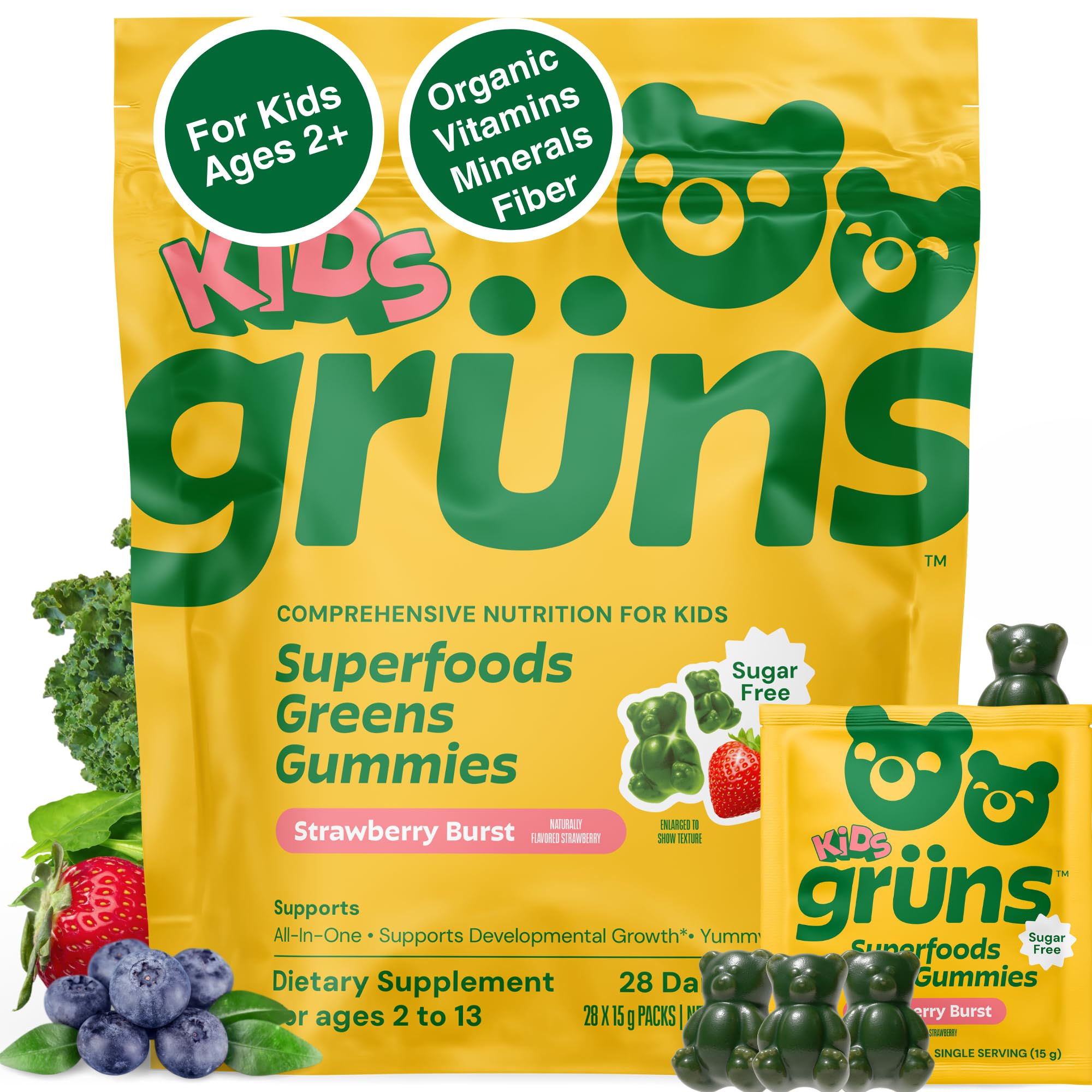 Sponsored Ad - Gruns Multivitamin for Kids, Sugar-Free, Super Greens Superfood Gummy Bears with 20 Vitamins & Minerals, Alfalfa, Spirulina, Chlorella, Prebiotics Fiber for Digestive Health, Adaptogens, 28 ct