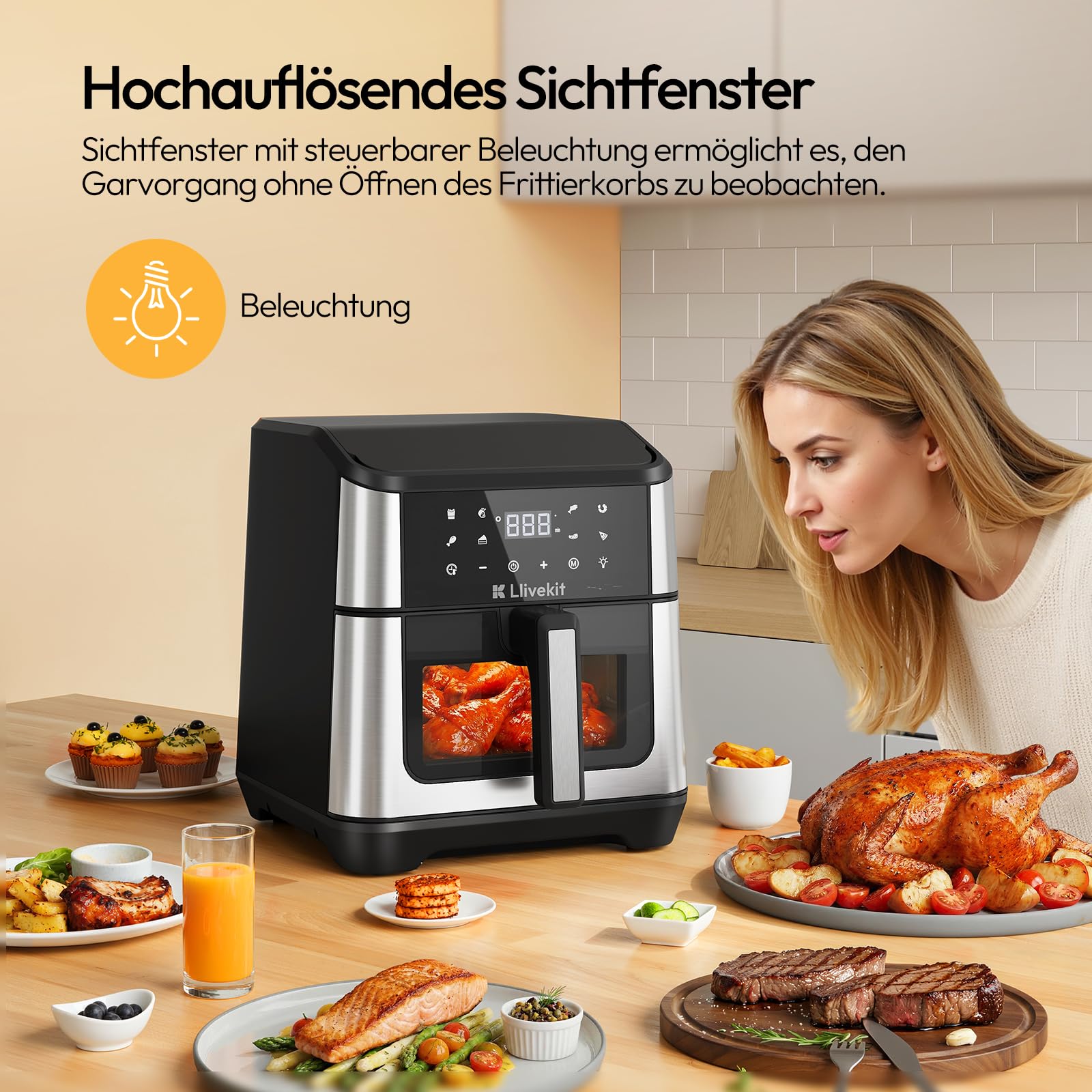 LLIVEKIT 8,5L Dual Blaze Heißluftfritteuse XXL Doppelheizquelle(Oben+Unten) | Airfryer mit 360° Heißluftzirkulation, 95% weniger Fett, Sichtfenster mit Innenbeleuchtung, 8 voreingestellte Programme