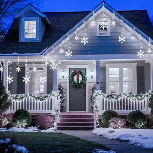 Miniatura 6 de Brightown Luces de Copo de Nieve de Navidad para Exteriores - Cadena de Copos de Nieve de 13 Pies 192LED, 16 Gotas, 12 Modos, Temporizador, IP65