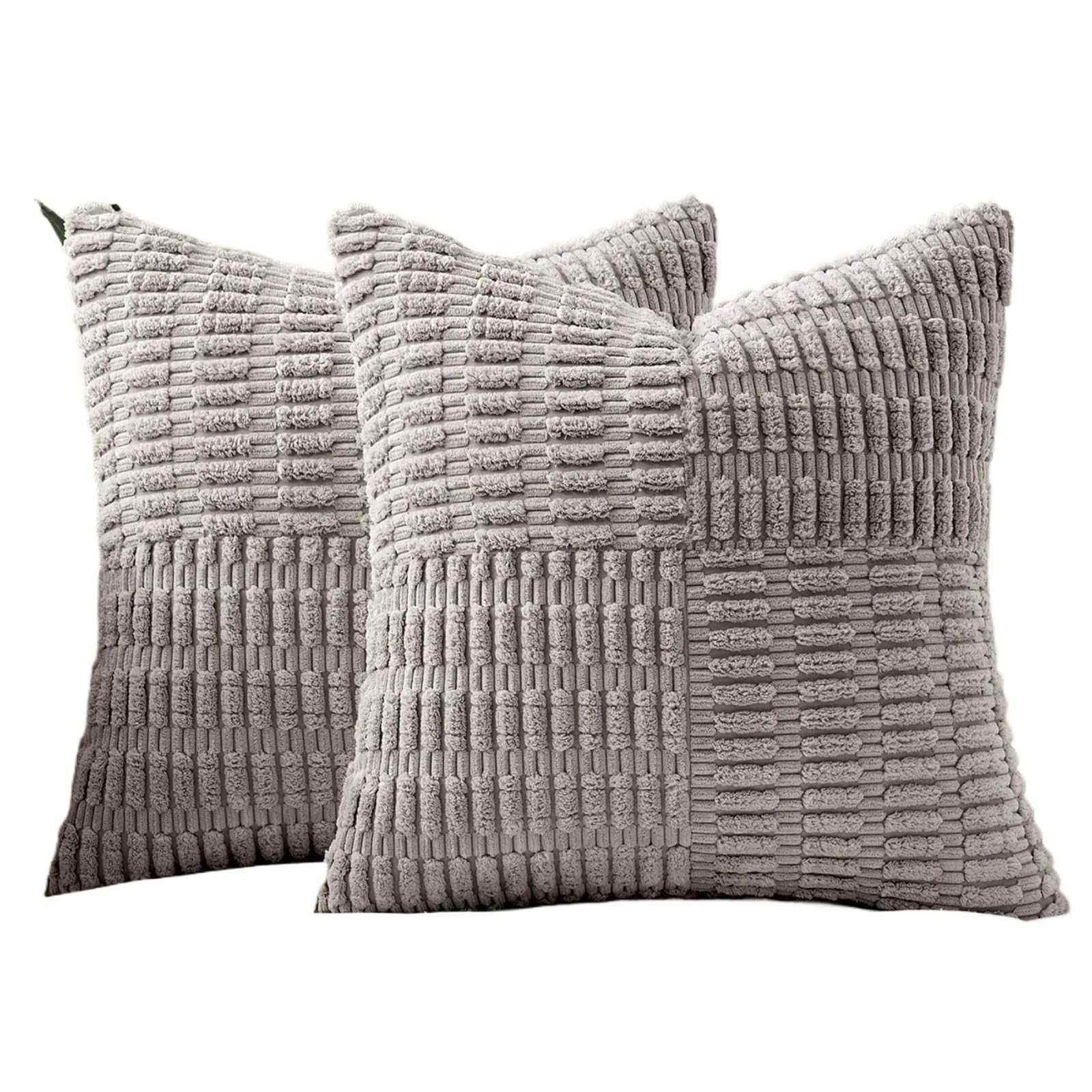 HEUchuan Corduroy Cushion Covers 2Pcs Throw Pillow Covers 18x18 Inch Soft Corduroy Cover Boho Textured Striped Patchwork Cushion Case for Couch Sofa Bed for Sofa Couch Bedroom(Grey)