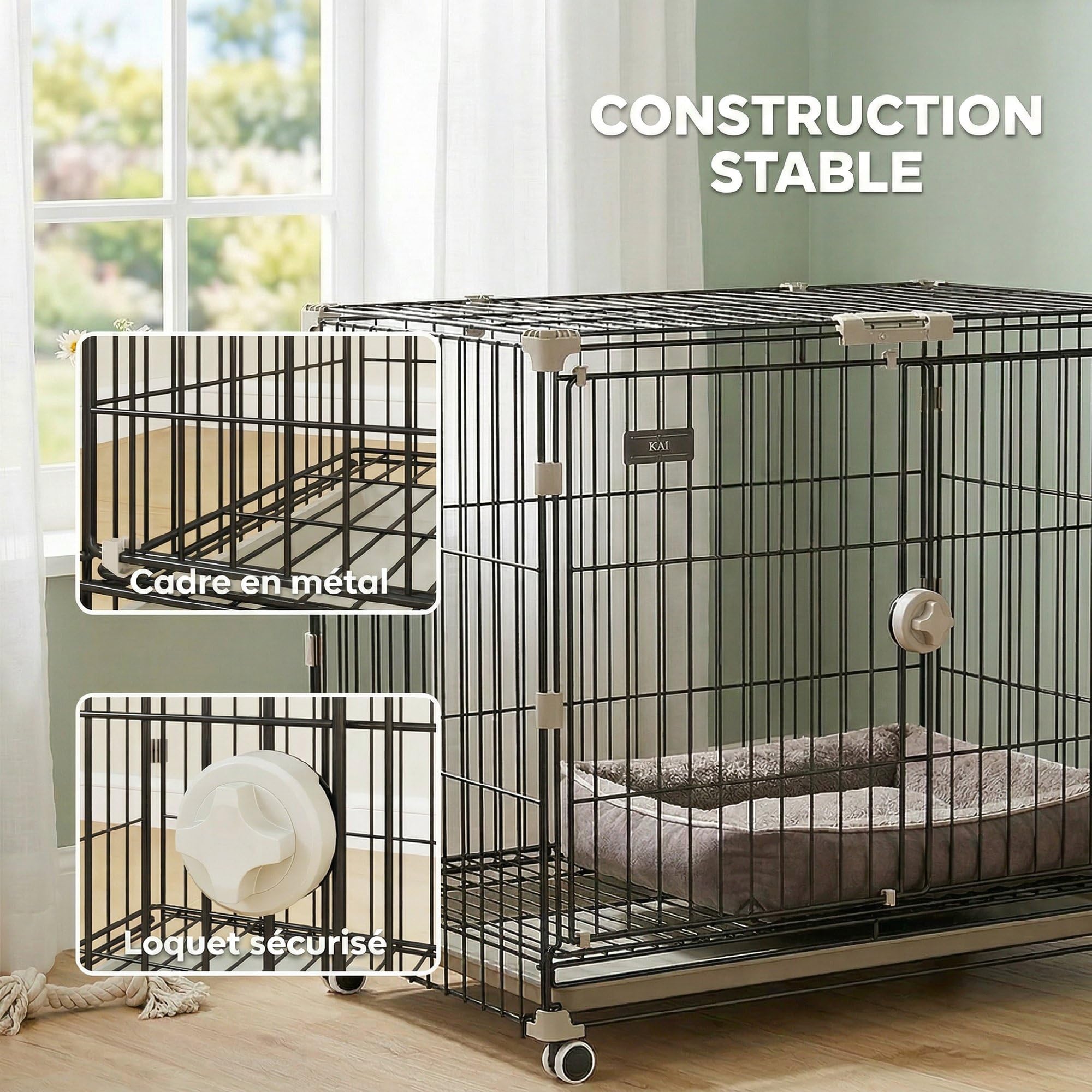 PawHut Cage pour Chien, Plateau Amovible, Roues avec Freins, Toit Ouvrant Verrouillable, Niche Chien Interieur pour Petits et Moyens Chiens, 75,5x46x64,5cm, Noir