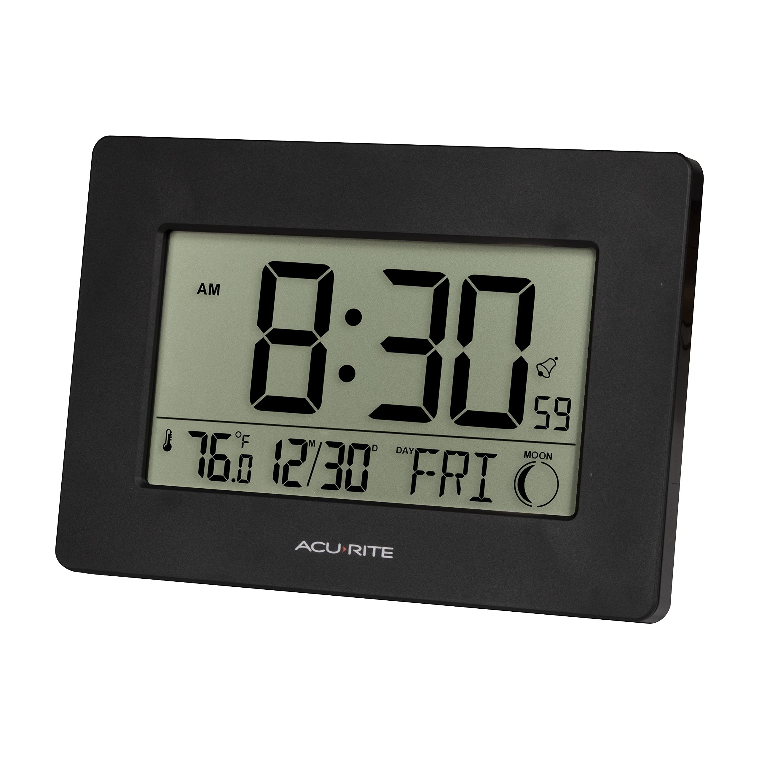 AcuRite Wireless Digital Wall/Tabletop Clock with 4 Interchangeable Plastic Frames - Stainless Steel, Bamboo, Matte Black, and Matte White – with Date, Indoor Temperature, and Moon Phase (75439)