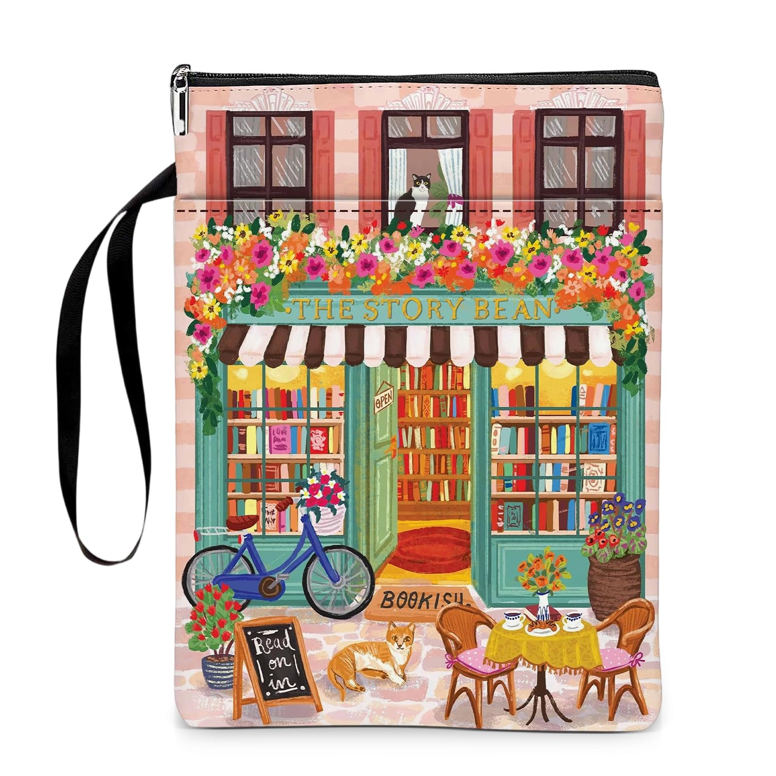 Pink Bookstore Book Sleeve Protector Book Covers for Paperbacks, Washable Cloth Pouch Bag with Zipper and Additional Pocket, Book Lovers Gifts for Women Literary Classmate Friend