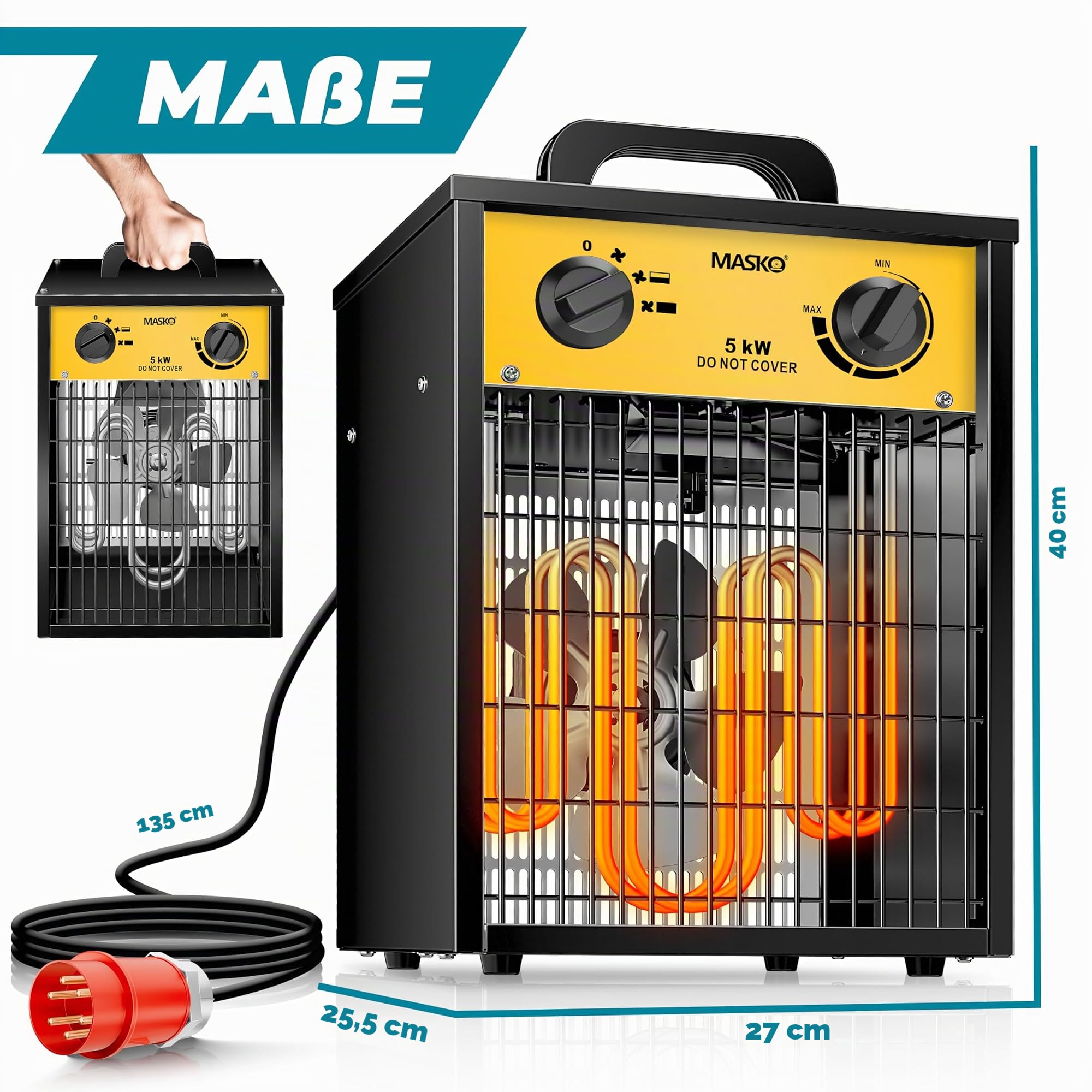MASKO® Calentador eléctrico calentador de construcción con termostato integrado, calentador eléctrico con 3 etapas de calentamiento, calentador de ventilador para uso interior, amarillo, 5 KW