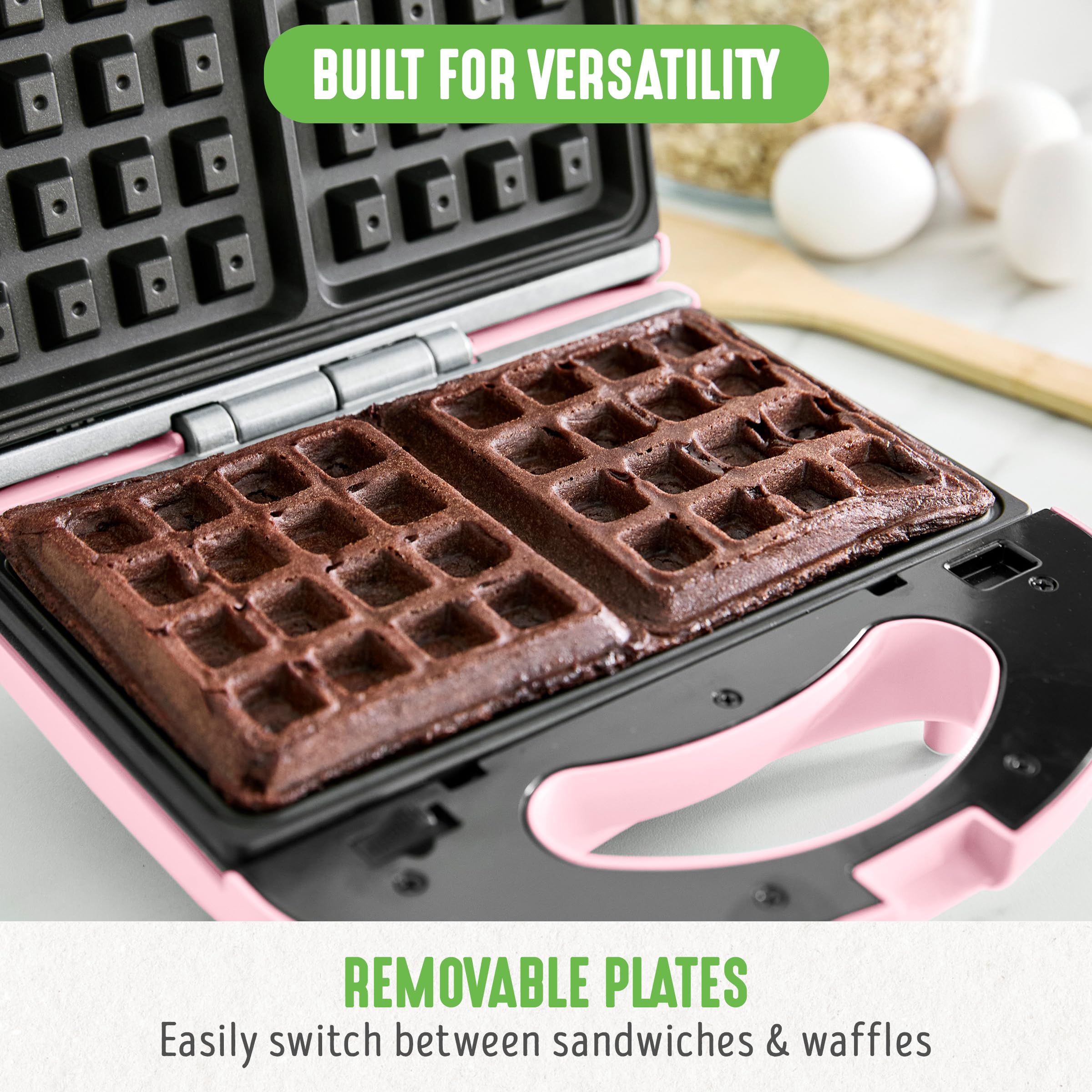 GreenChef Electric 3 in 1 Macchina per Panini, Waffle e Sandwich, Piastre in Ceramica Antiaderente Rimovibili, senza PFAS e BPA, Lavastoviglie, Multifunzione, Temperatura Controllata, Rosa