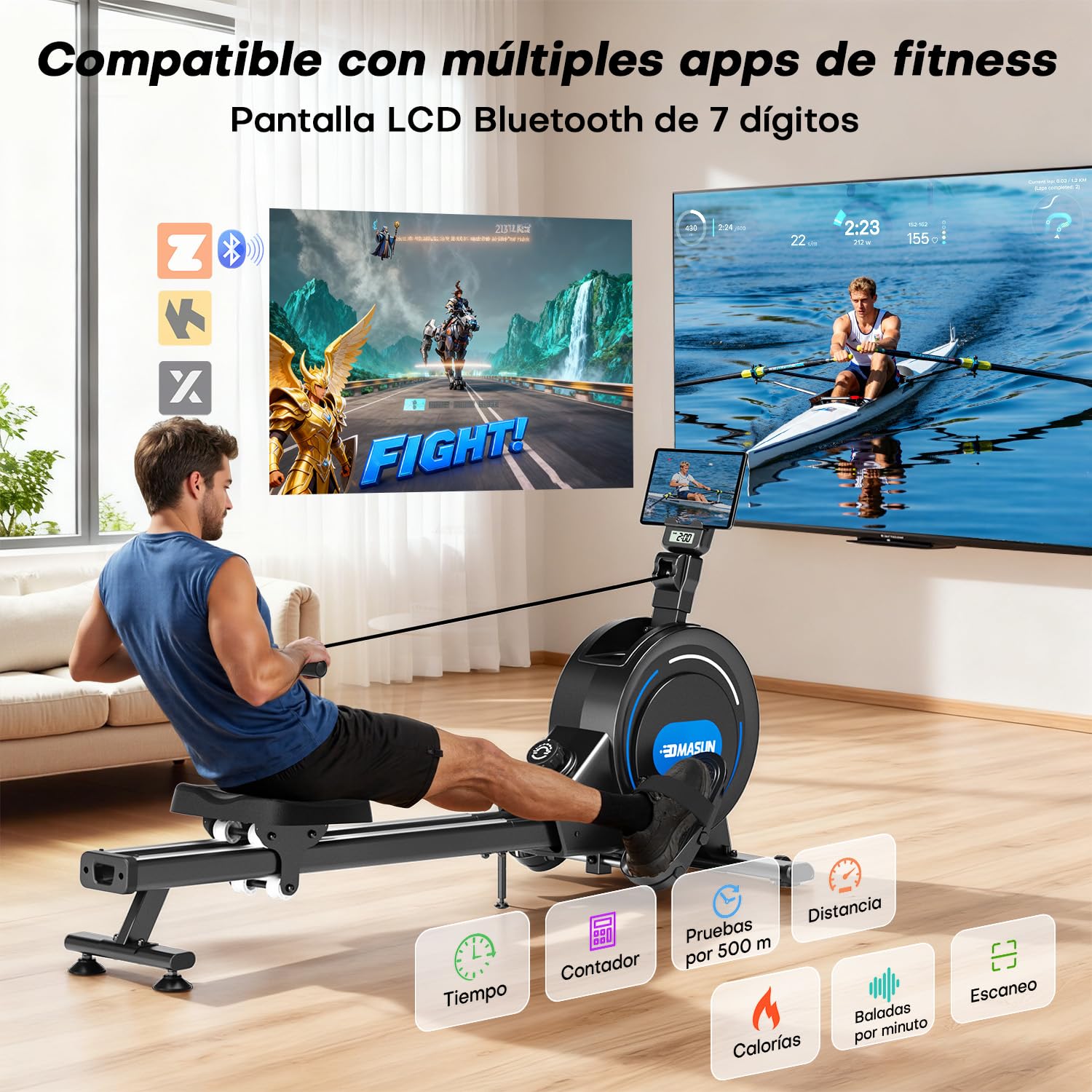 DMASUN Rameur Musculation d'Appartement​, 16/32 Niveaux de Résistance Magnétique, Rameur à Double Rails, App et Écran LED, Rangement Vertical, Assemblage Facile, Capacité 160 kg