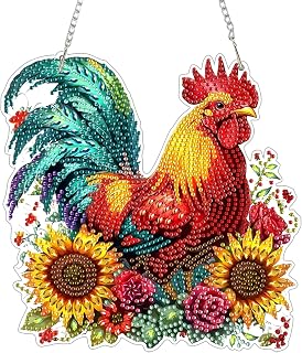 Chicken Diamond Art Hanging Kits for Adults, Rooster Diamond Painting Pendant Kits, DIY Acrylic 5D Special Shaped Crystal Diamonds Gem Art Painting Ornament for Home Wall Decor Gift 8x8 Inch