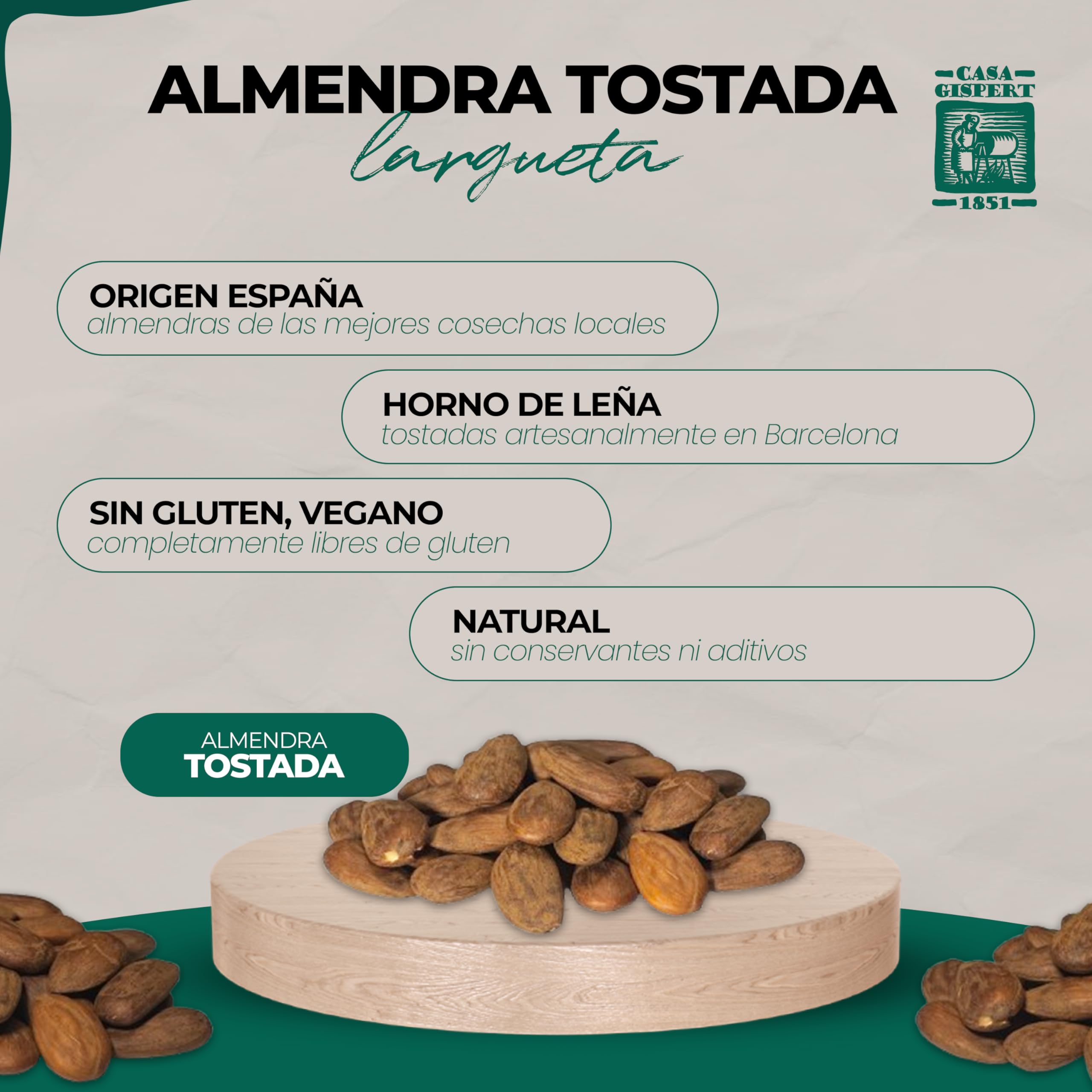 Casa Gispert Almendras Tostadas en Horno de Leña Almendra Largueta Sin Gluten Vegano 500gr