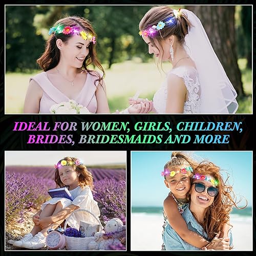 Miniatura 7 de Juego de 40 piezas de corona de diadema de flores LED, corona de flores iluminada, corona de flores brillantes para mujeres y niñas (estilo girasol)