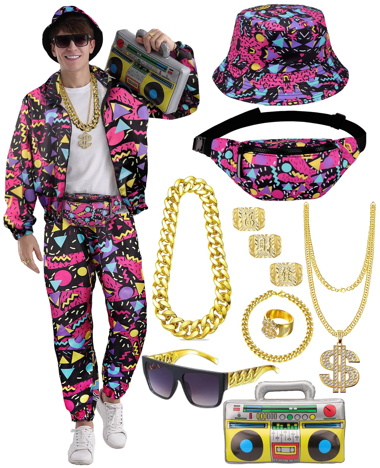 Tuta da uomo anni '80 e '90, costume da jogging, set di pantaloni, ghettoblaster gonfiabile, marsupio, occhiali da sole, cappello, collana, bracciale, anello, abbigliamento sportivo hip hop, carnevale