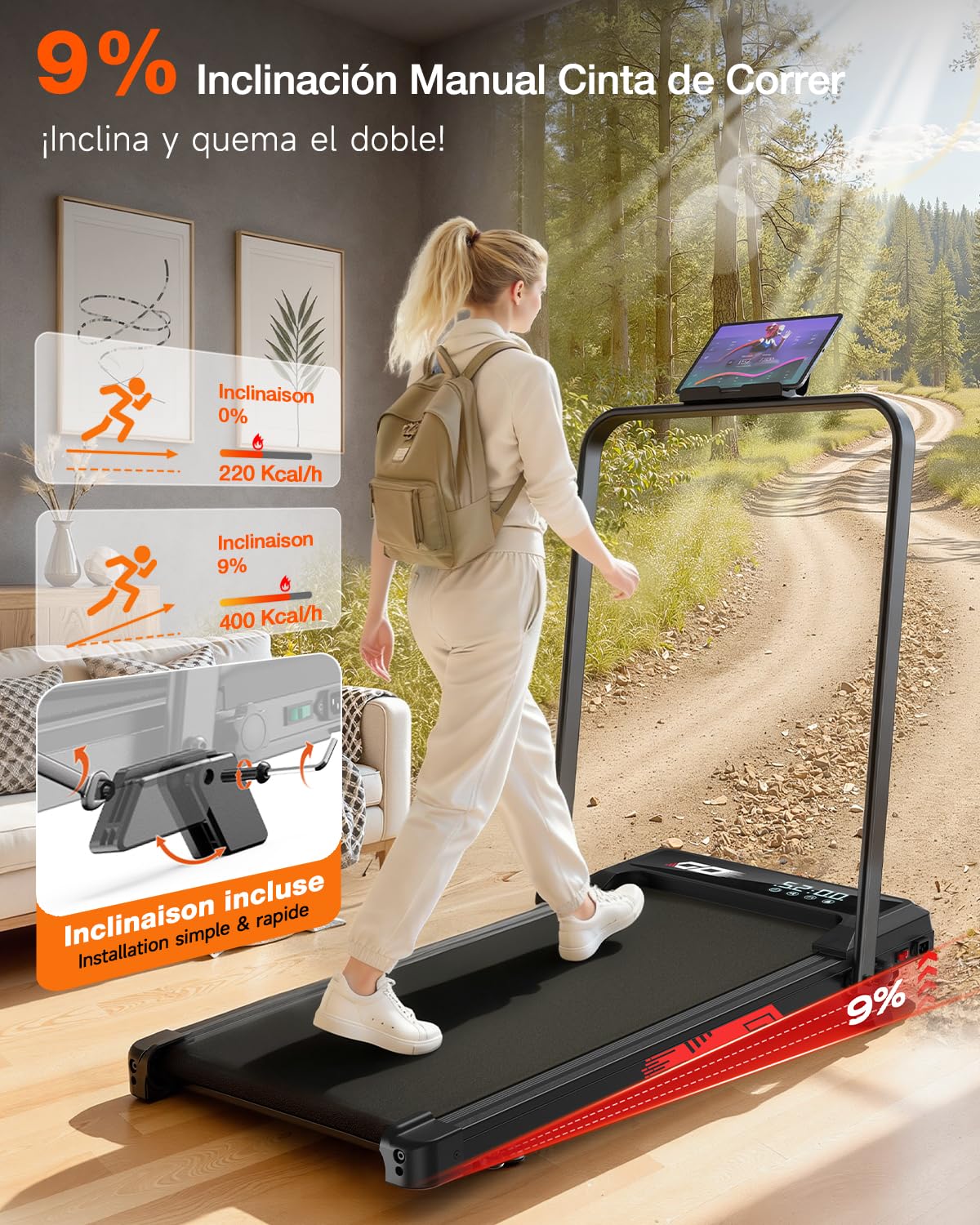 Cinta de Correr 4 en 1 Plegable con Inclinación 9% – Caminadora Eléctrica Silenciosa 10 km/h, Motor 3,0 CV, Sistema de Amortiguación, Pantalla LCD, 140 kg Máx – Hogar, Oficina y Fitness en Casa