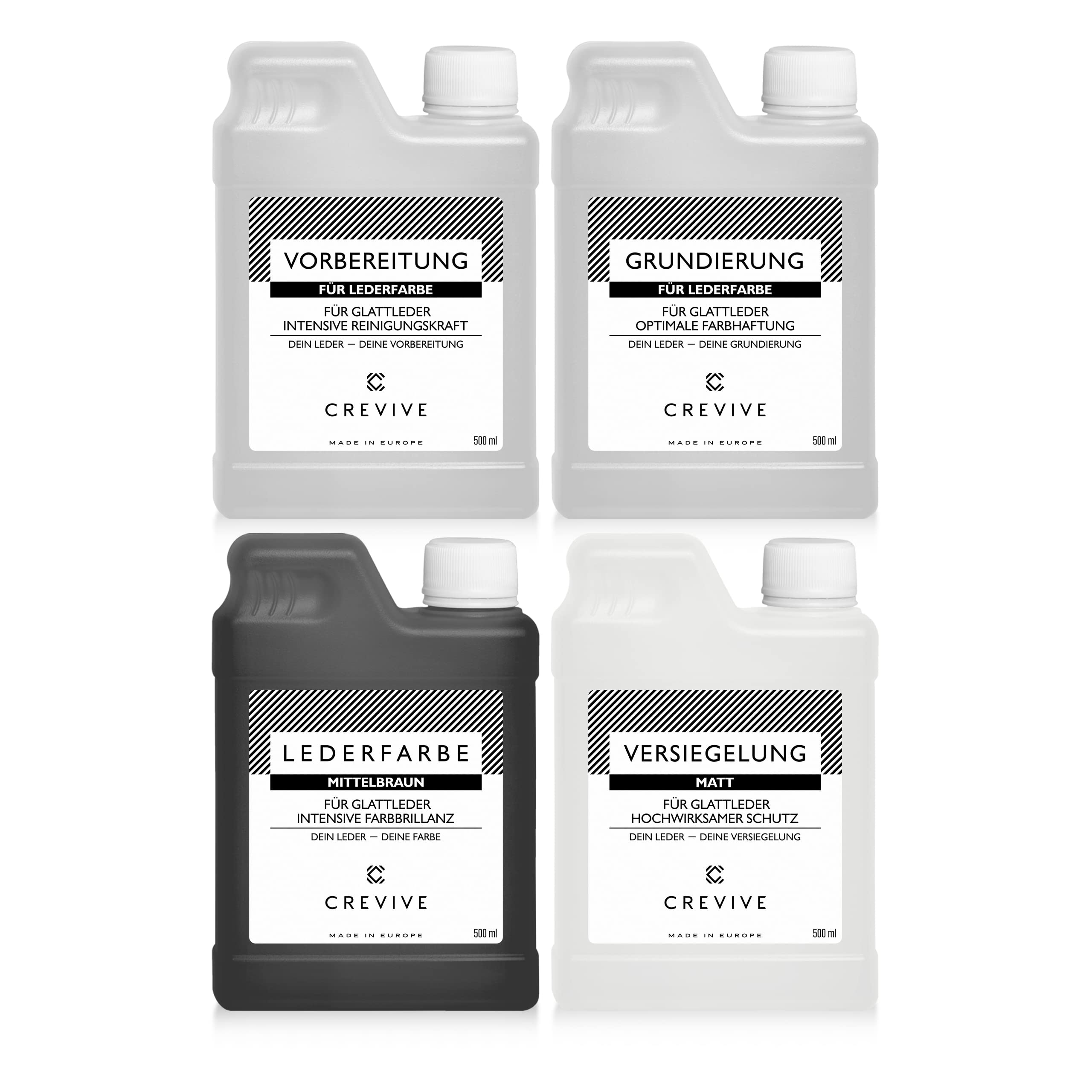 Lederfarbe Set - Farbe wählbar - für die optimale Lederfärbung - Lederreiniger, Grundierung, Lederfarbe, Versiegelung, je 500 ml - Mittelbraun Matt