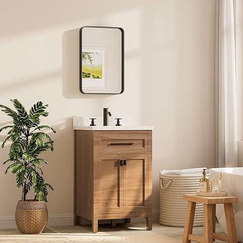 Miniatura 2 de TETOTE Espejo de marco negro de 16 x 24 pulgadas, espejo de tocador de baño para pared, moderno espejo rectangular de esquina redonda con marco