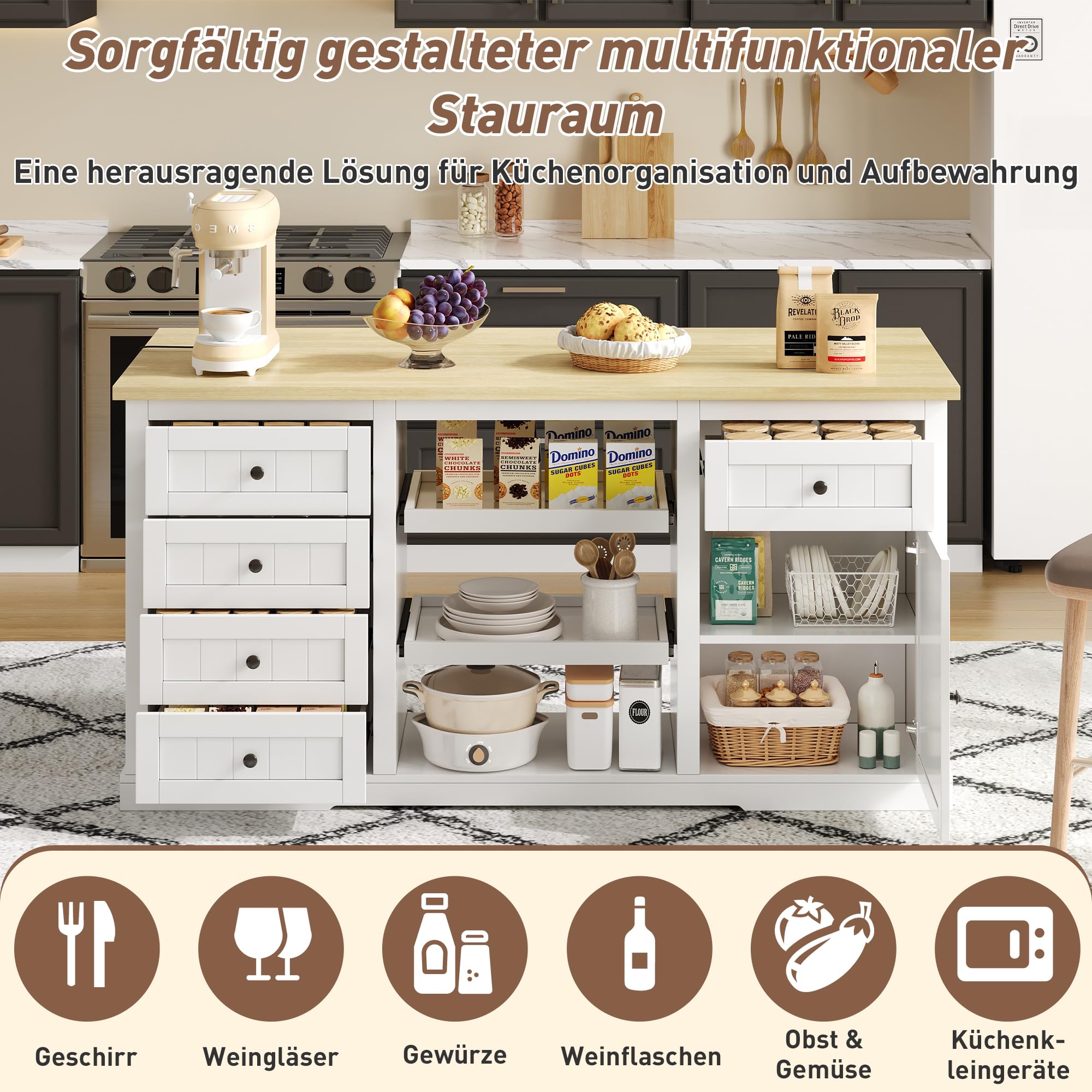 Îlot de Cuisine Mobile avec Tablette Escamotable, 5 Tiroirs et Prises Intégrées, Ilot Central Cuisine Meuble de Rangement Multifonction Blanc, 150x65x75 cm