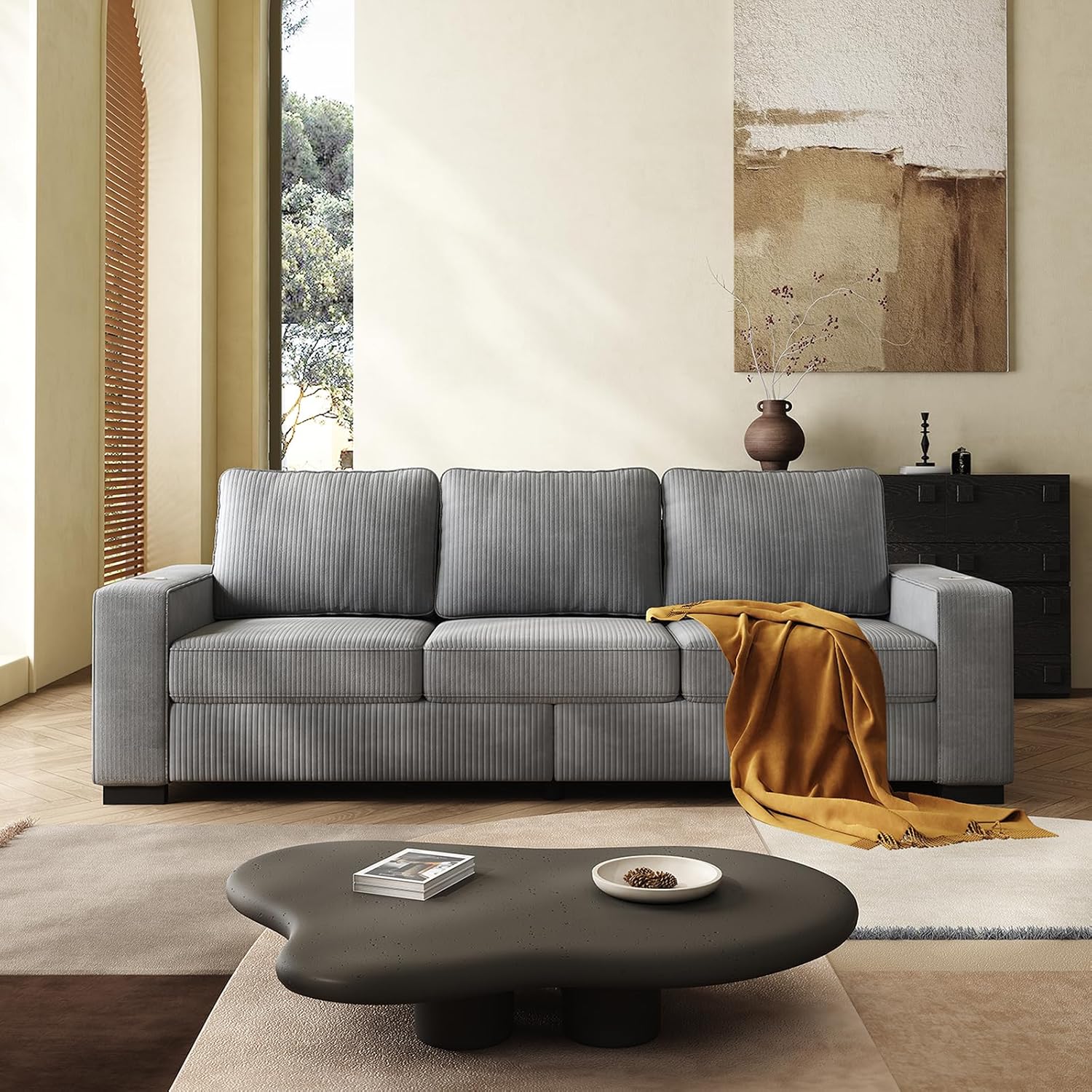 83.86” Oversize couch, modern decorative style three-seater sofa, corduroy fabric sofa, suitable for living room and office, sturdy and easy to install, Loveseat sofa furniture (Gray, 83.86 inch)