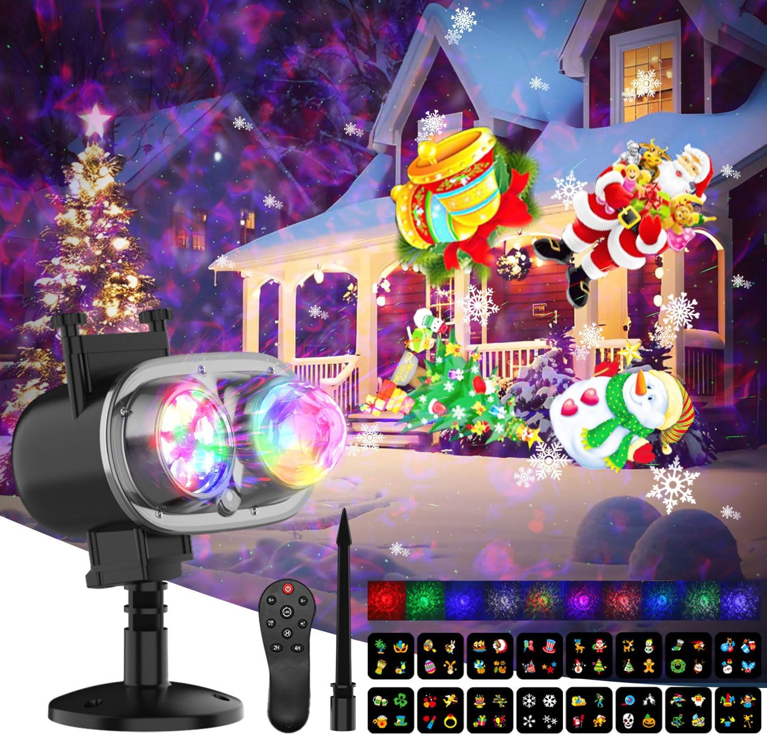 LED Christmas Projector Lights,2-in-1 Ocean Wave Projector,16 Slides 10 Colors,Remote Control Indoor Outdoor Waterproof Holiday Light for Halloween Christmas Birthday Party Garden Landscape Decoration