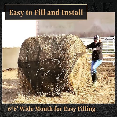 Miniatura 4 de Bloomoak Red de heno de pacas redondas para caballos, red de pacas grande y resistente, 6 x 6 pies, alimentador de red de heno de alimentación lenta