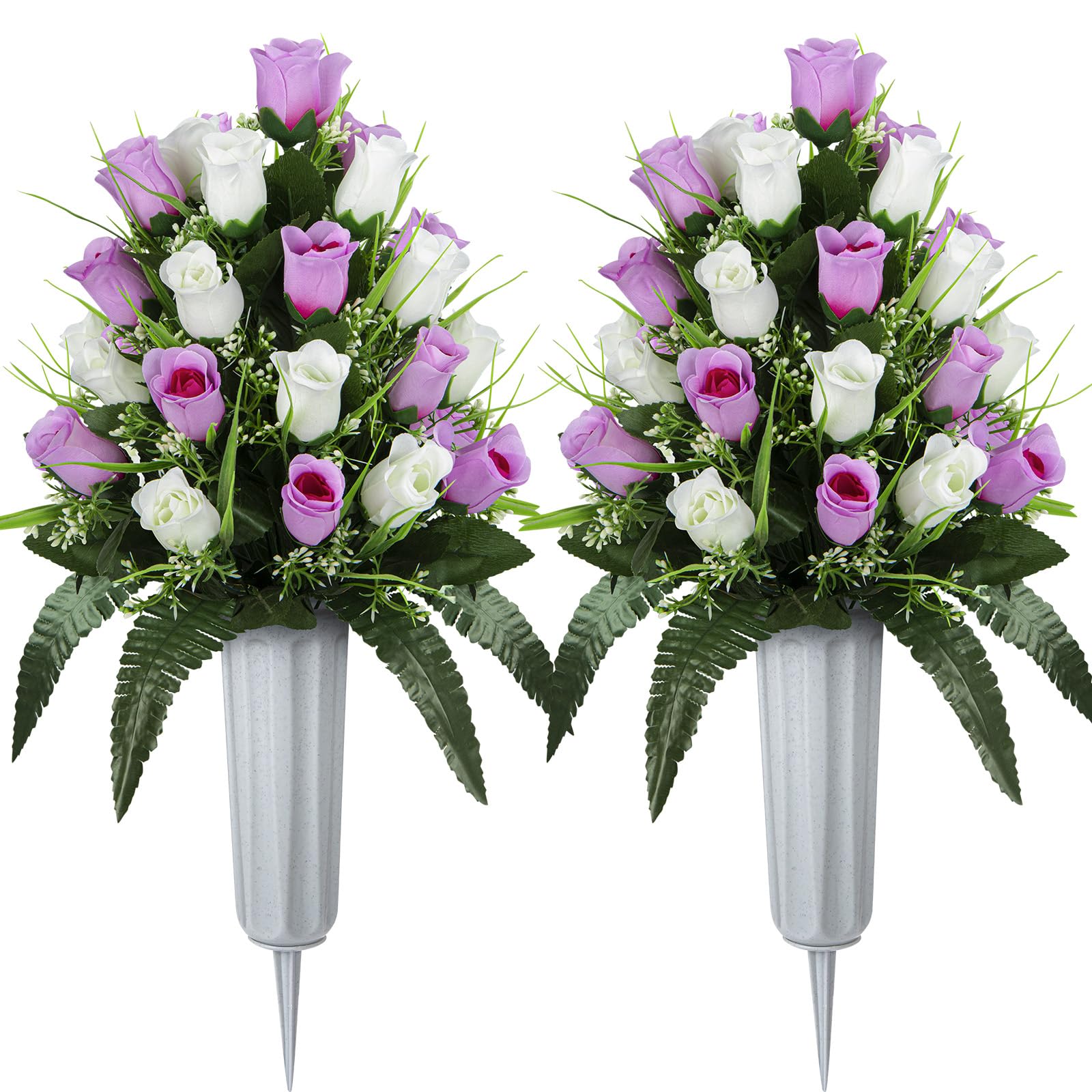 SIFOEL Artificial Cemetery Flowers - Set of 2 Grave Memorial Rose Flowers with Vase for Cemetery Headstones Gravesites Decoration (Pink&White)