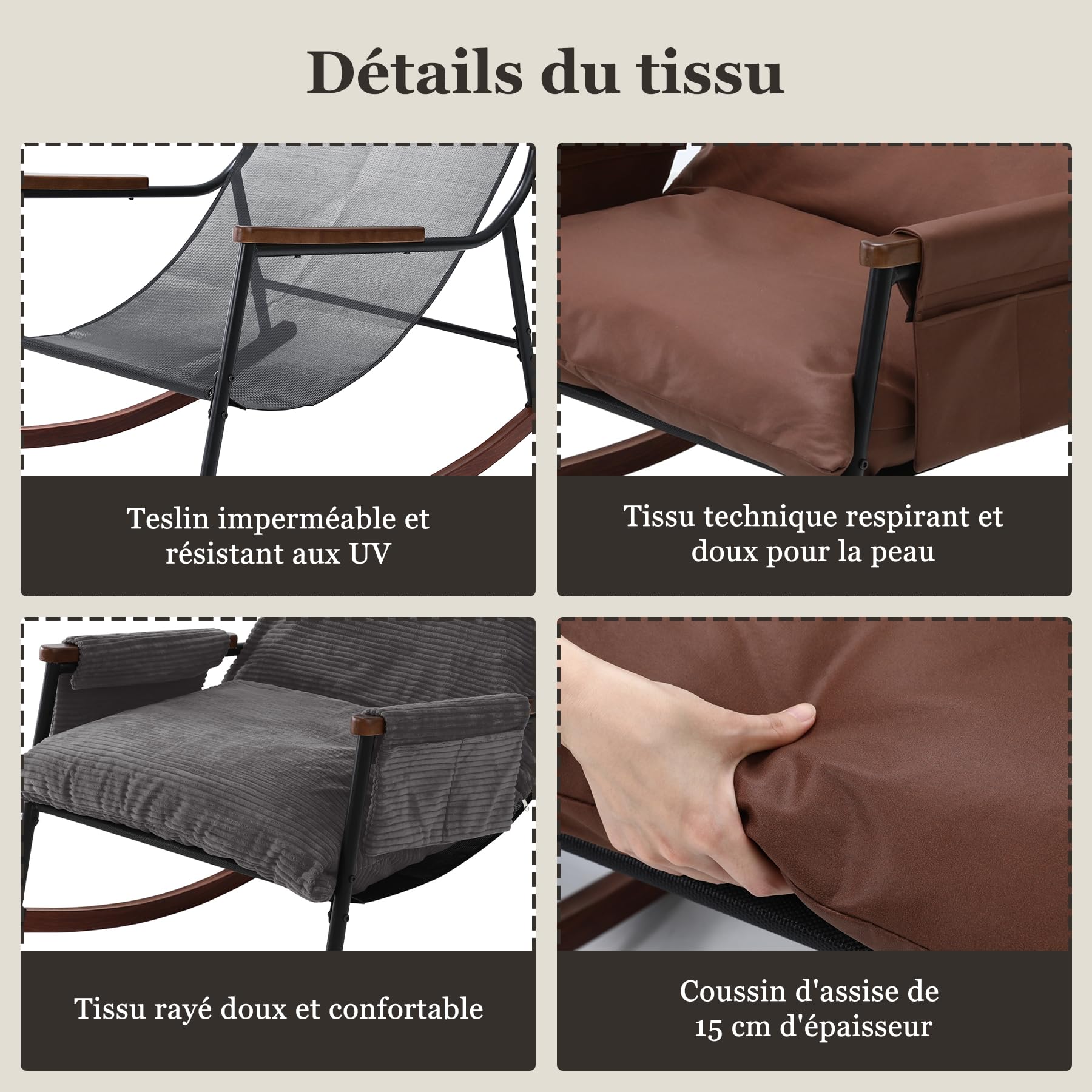 Fauteuil à Bascule Allaitement avec Repose Pieds, Poche latérale, Accoudoirs et Bases en Bois, Rocking Chair pour Salon, Chambre, Balcon, Chambre Bebe,Nursery, Tissu rayé, Marron