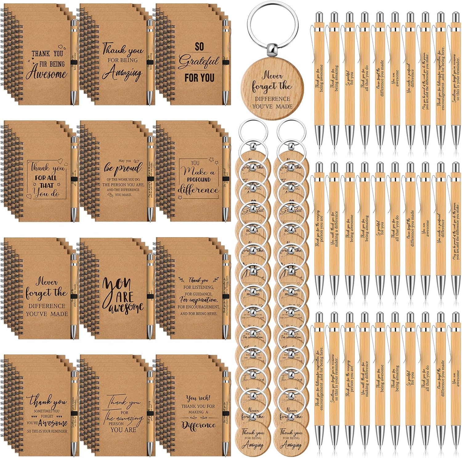 Cholemy 90 Pcs Thank You Gifts Graduation Teachers Employee Appreciation Gifts Bulk Team Coworker Christian Inspirational Spiral Motivational Bamboo Pen Kraft Notebooks with Keychain(Thank You)