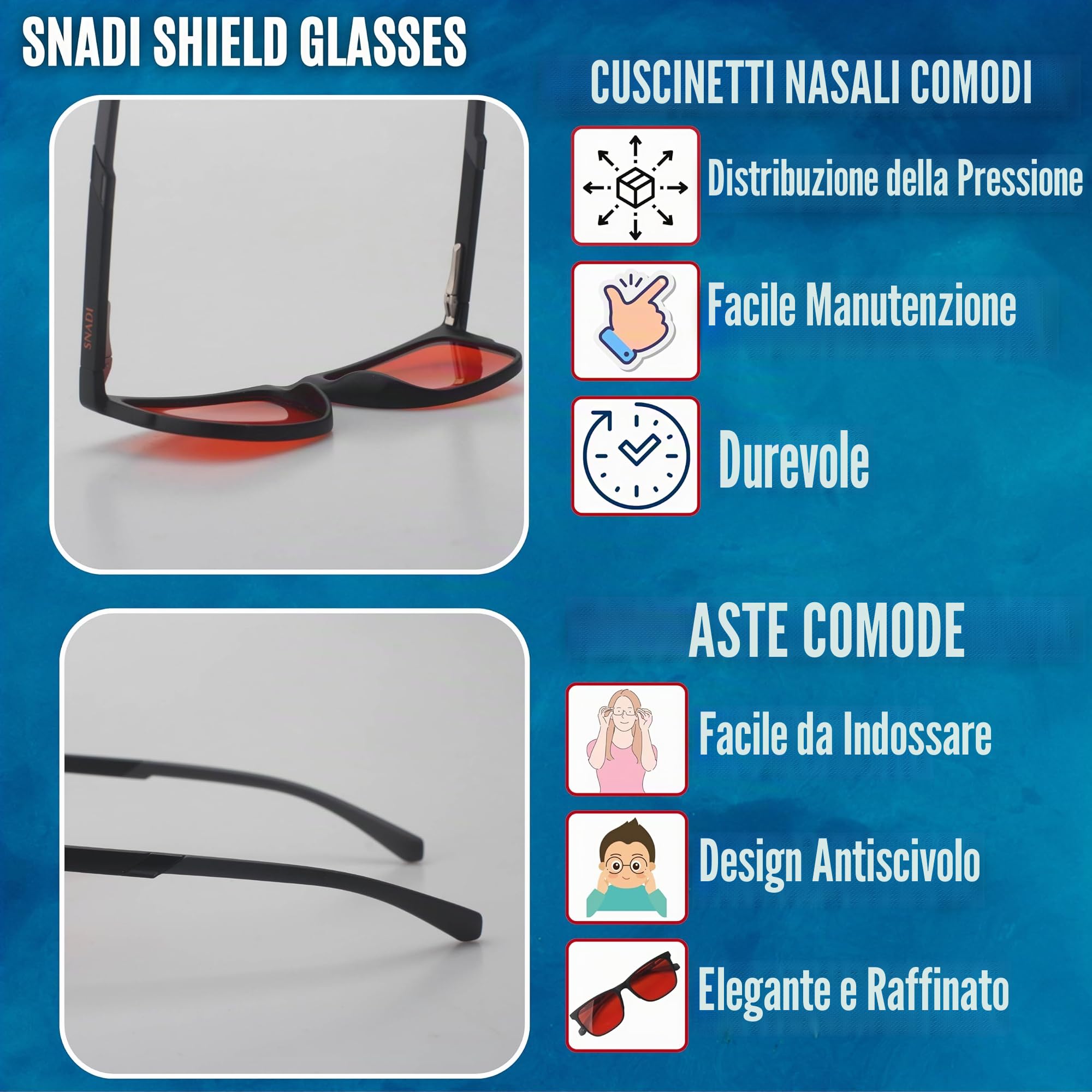 SHIELD: Occhiali Blocca Luce Blu (70-99%) per Schermi, Televisione, Computer, Giochi e Luce Artificiale. Migliorano il Sonno Producendo Naturalmente Melatonina. Unisex: Donne e Uomini.