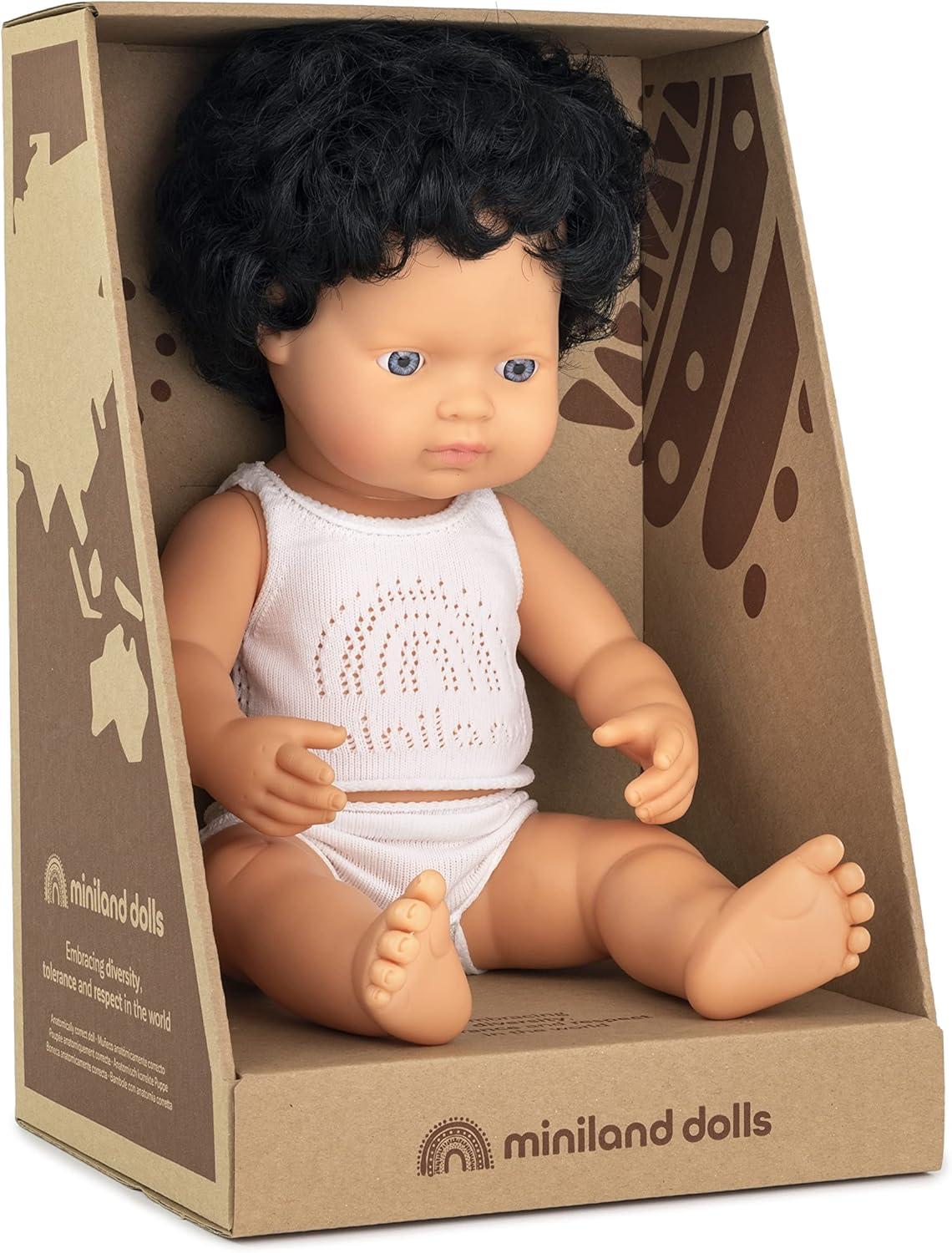 Miniland Doll 15'' Caucasian Curly Black Hair Boy (Box) - Made in Spain, Anatomically Correct, Quality, Inclusion