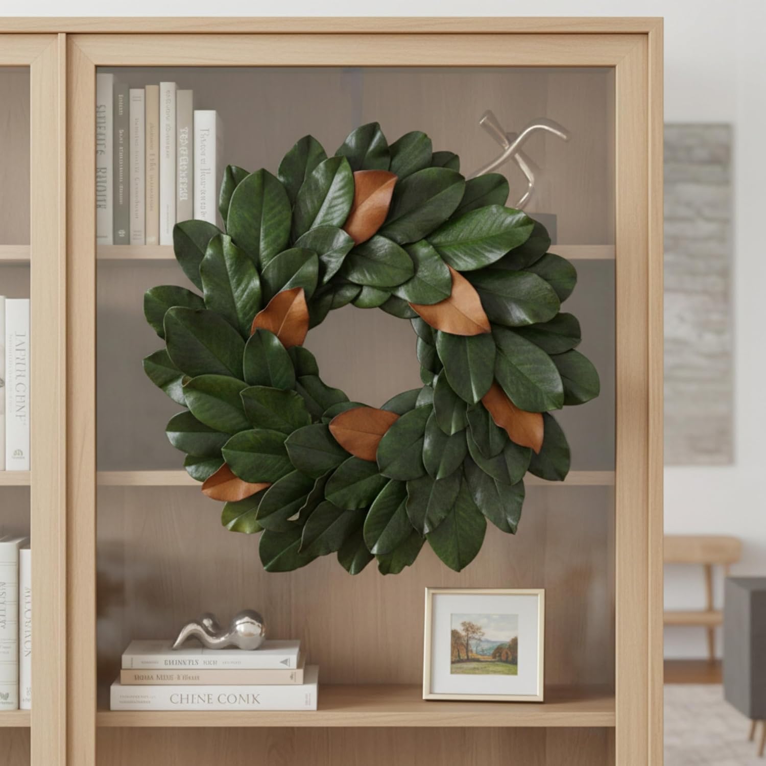 Shine Company 20" Real Preserved Magnolia Wreath – Green (Handcrafted)