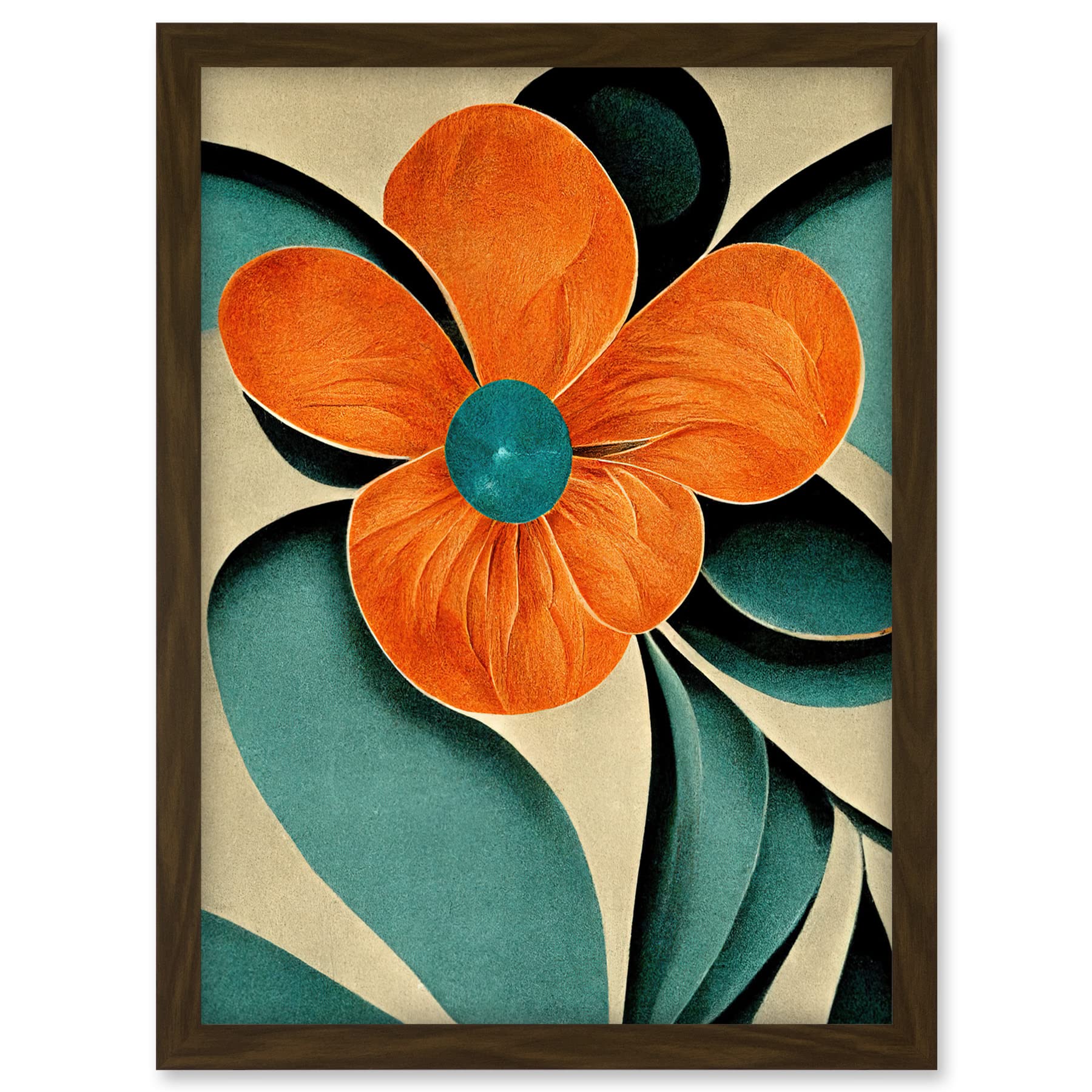Doppelganger33 LTD Bold Art Deco Flowers Teal Orange Cream Poppy Artwork Framed A3 Wall Art Print