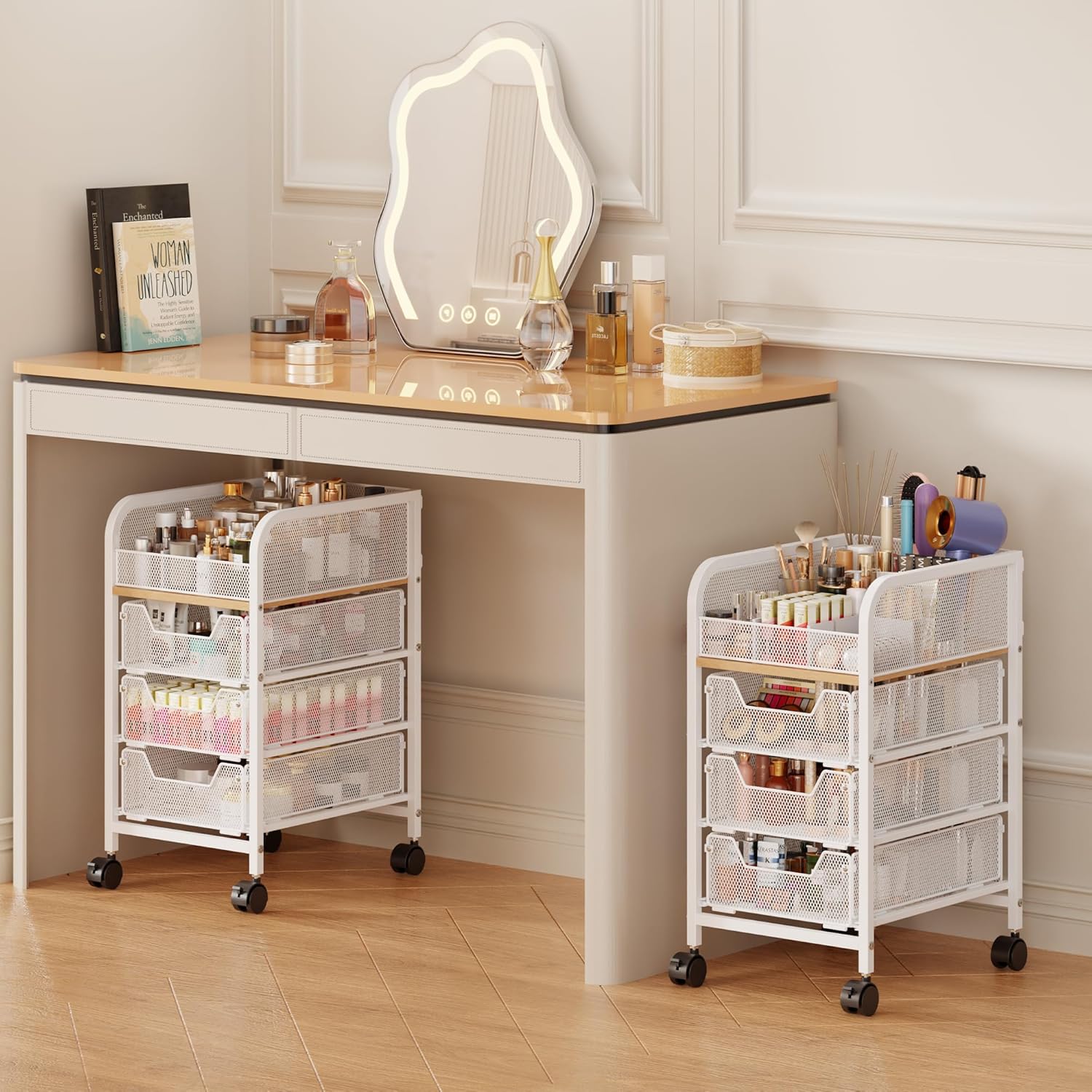 Rolling Makeup Cart Organizer with 3 Drawers, 4-Tier Narrow Floor Skincare Organizers with dividers, Vanity Organizer Cosmetics Display Cases for Makeup Brush, Hair Tool, White
