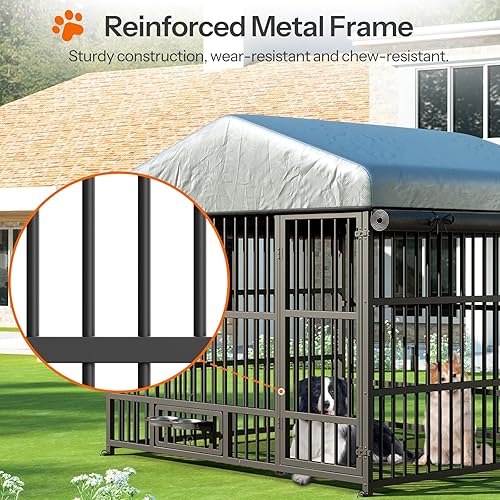 Miniatura 7 de HOOBRO Perrera para perros al aire libre con tapa, 6.6 x 6.6 x 6.4 pies, con techo impermeable y cuencos giratorios para alimentación, caja de jaula