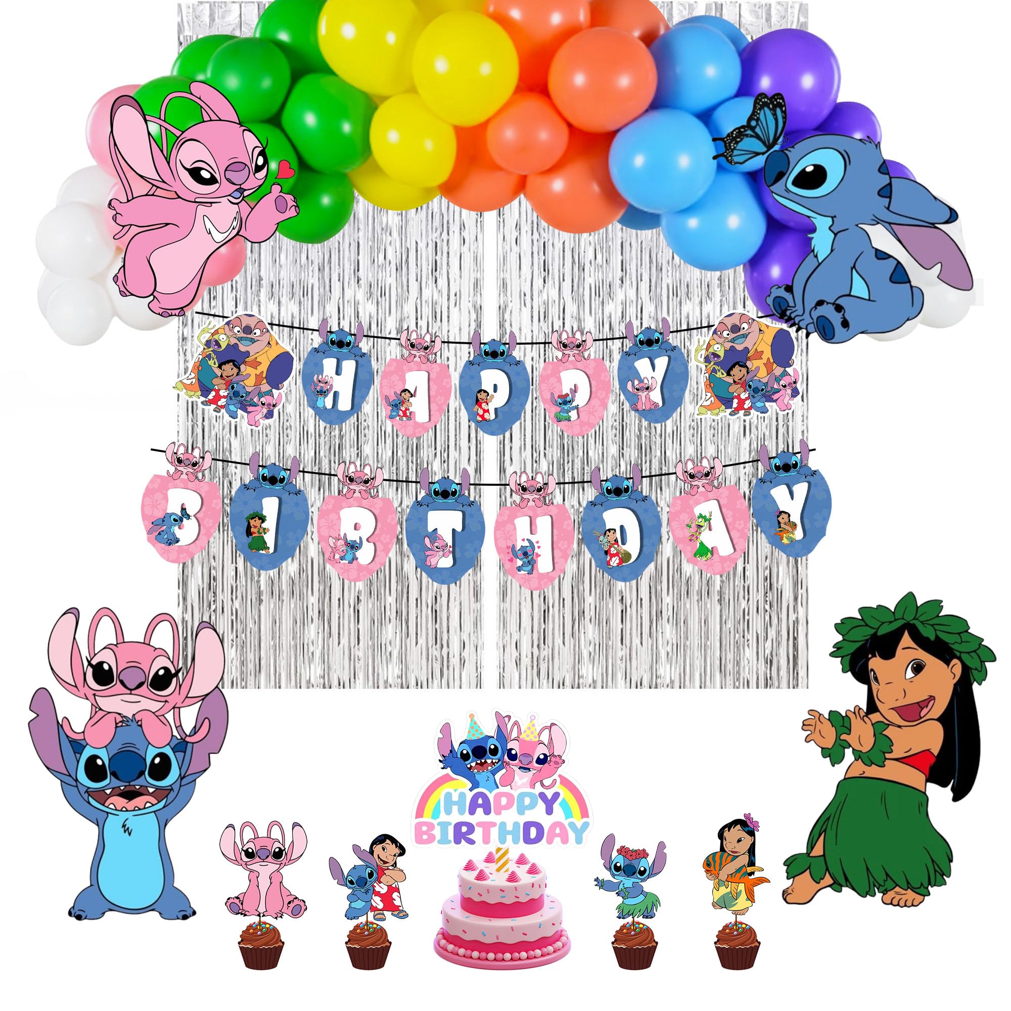 Partyjoy Aloha Stitch Birthday Decoration Kit for Kids – Hawaiian Theme Happy Birthday Banner, Cake Topper, Cupcake Toppers, Cartoon Party Supplies for Boys Girls (With silver curtain)-image-46