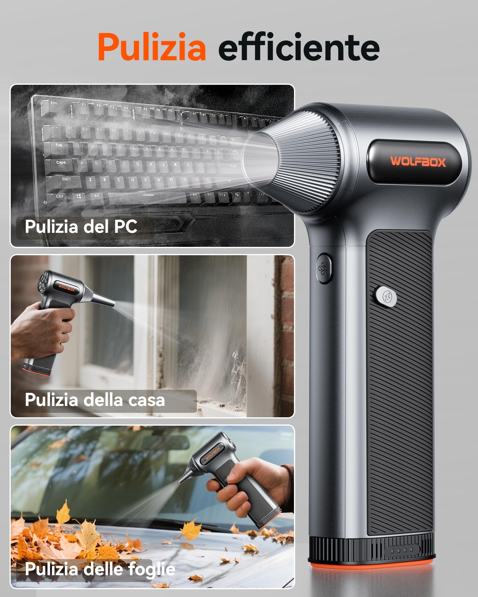 WOLFBOX MF200 Soffiatore a Batteria con Batteria Rimovibile, Soffiatore Aria Compressa Elettrico Portatile 3 Velocità 87.5 m/s, Mini Soffiatore per Pulizia PC Tastiera Auto Casa, Air Duster 4 Ugelli