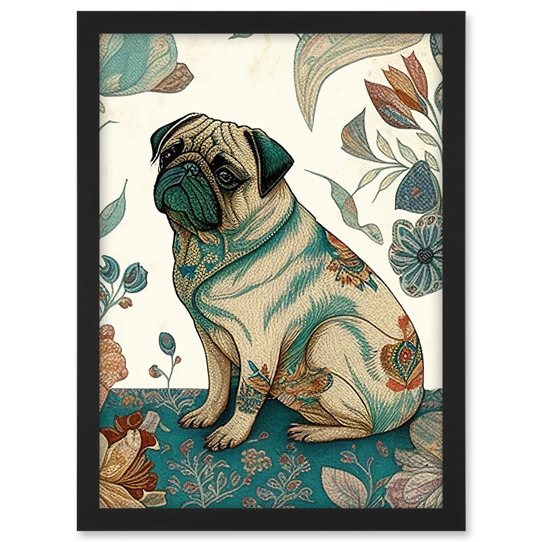 Artery8 Pug Dog with Floral Patterns Vintage Inspired Multicoloured Linocut Illustration Artwork Framed A3 Wall Art Print