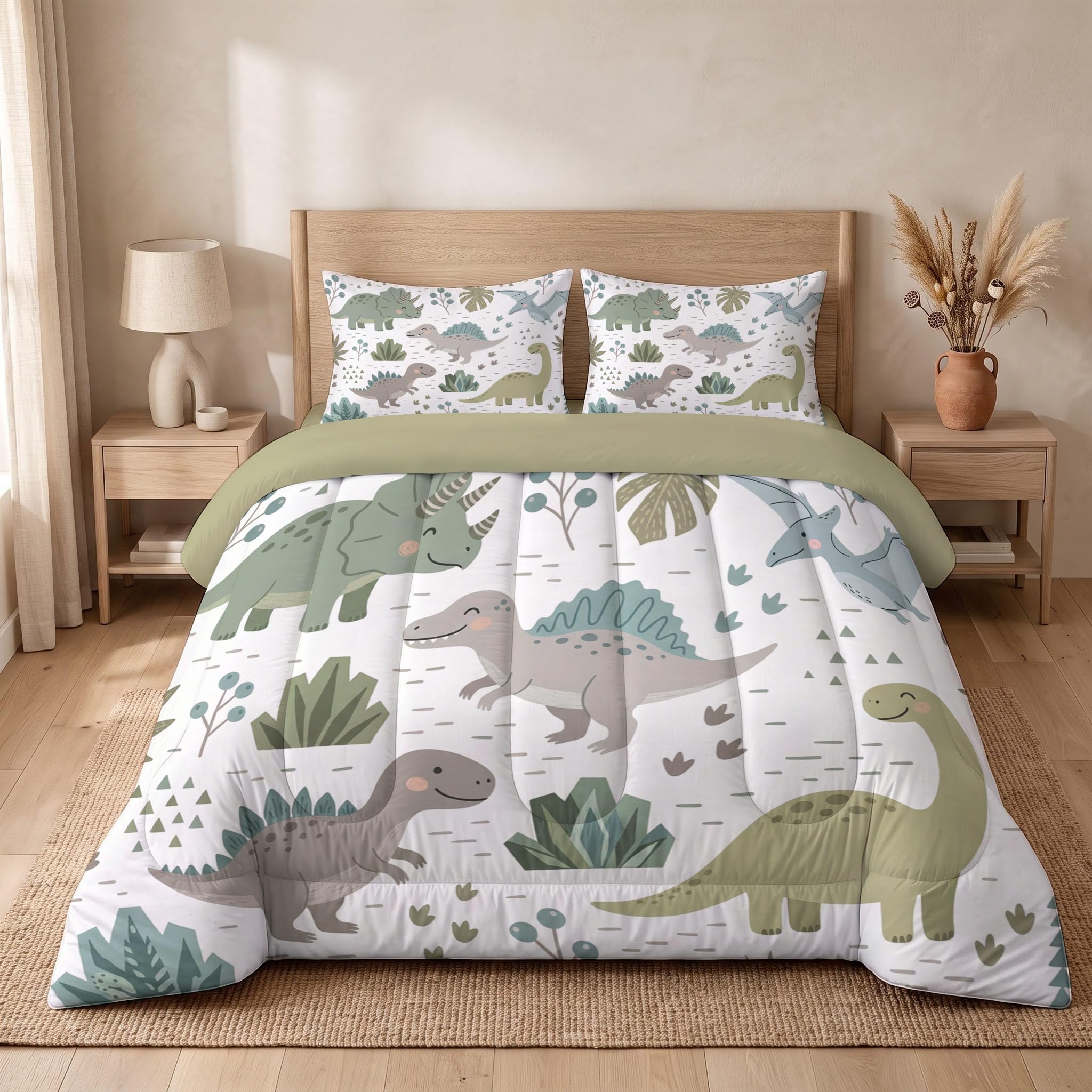 Couette Dessins animés Amusants 2pc Fille Tempérée pour lit 1 Personne-100% Microfibre -Enfant 4 Saisons et 240x260cm + 1 Taie d'oreiller 65x65 cm -Animaux, Dinosaures, Palmiers, Cactus