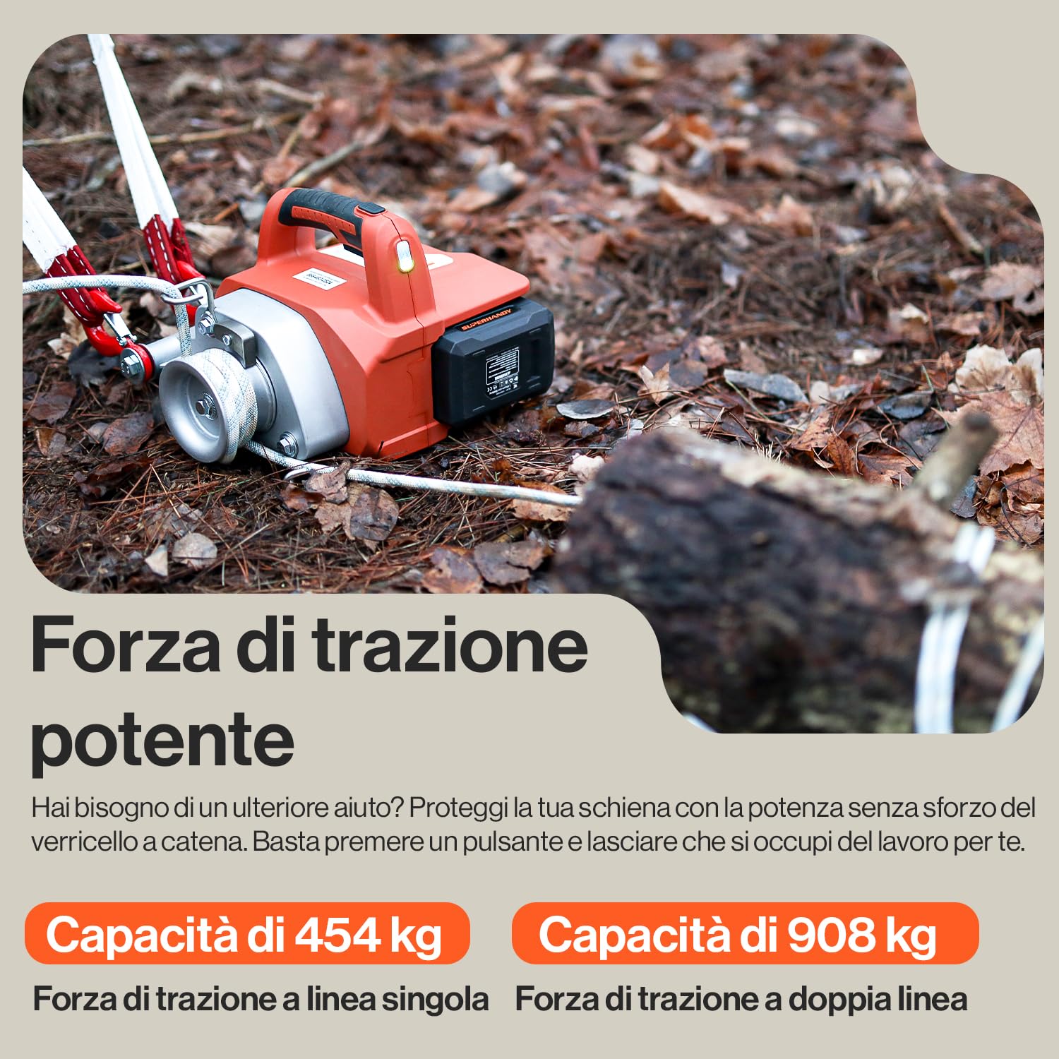 SuperHandy Argano elettrico portatile Motore senza spazzole alimentato a batteria agli ioni di litio 454kg-908kg di forza di trazione massima per la silvicoltura(corda a basso allungamento inclusa)
