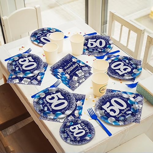 Miniatura 7 de 96 piezas de suministros para fiesta de cumpleaños número 50, platos de cumpleaños azul marino y plateado, vajilla de papel para cumpleaños número
