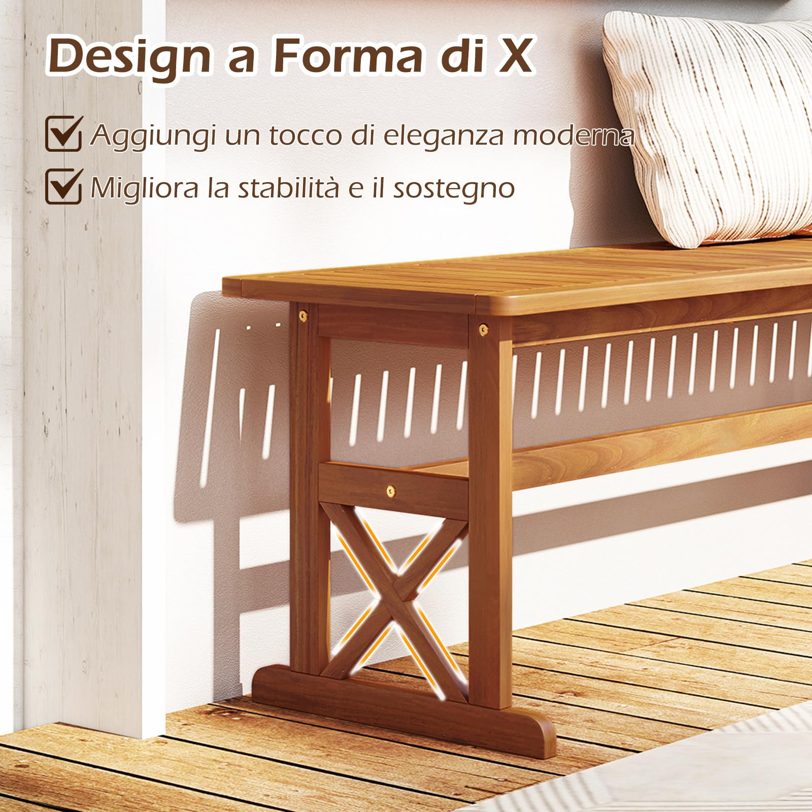 COSTWAY Panchina da Esterno in Legno di Acacia, Portata 360 kg, Panchina per 2-3 Persone senza Schienale con Sedile a Doghe, Panca Esterno per Veranda, Giardino, Balcone e Cortile (1)