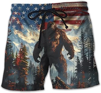 V-DECORPARKS Funny Bigfoot Short Sleeve Button Down Men - Funny Sasquatch Hawaiian Mens Swim Short Beach Shorts TU-SH-18
