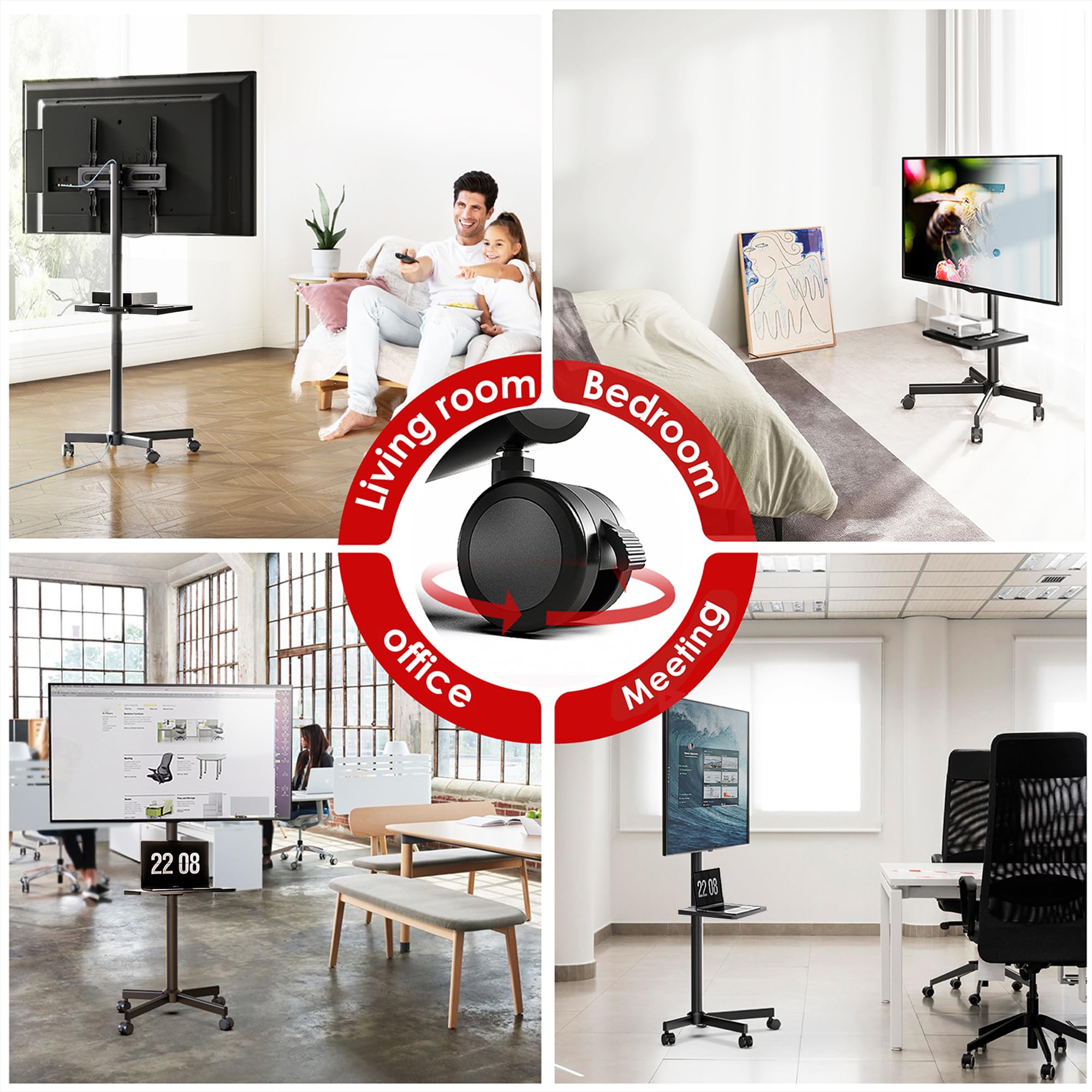 AOKCOS Carrello Porta TV con Ruote per 32-65 Pollici, Supporto TV da Pavimento Altezza Regolabile Inclinabile, Mobile Porta TV da Terra Max VESA 400x400mm 40kg