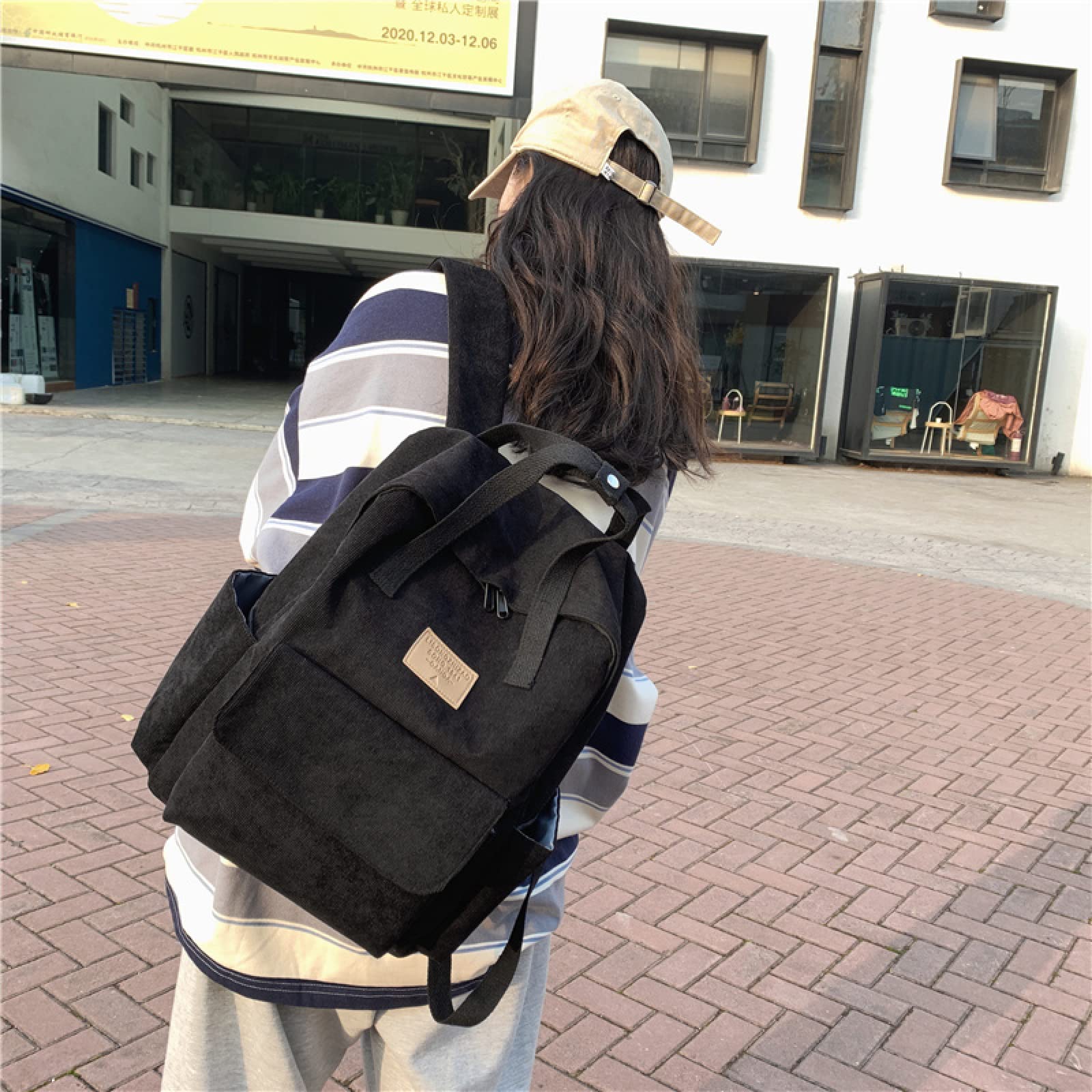 Niedliche Damen Cord Rucksack weibliche einfarbig gestreifte Schultasche College Student Rucksack Mädchen Reisetasche Handtasche