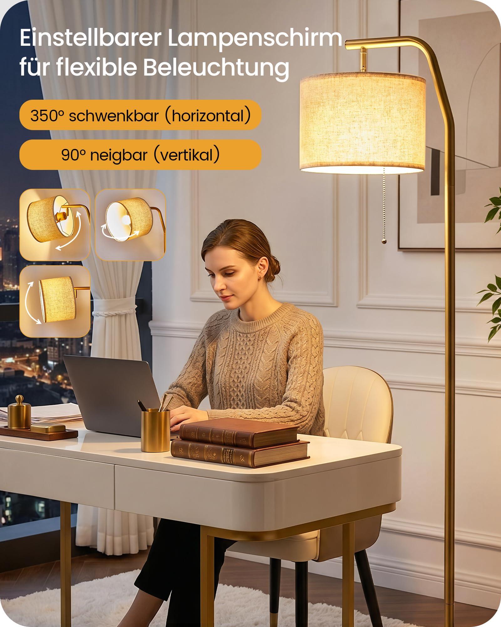 Stehlampe für Wohnzimmer, 3 Farbtemperaturen, Stehleuchte mit Zugschalter, 9W-LED-Leuchtmittel, Standleuchte, Wohnzimmerlampe, hohe Lampe für Schlafzimmer, Büro ZDE29LDD05